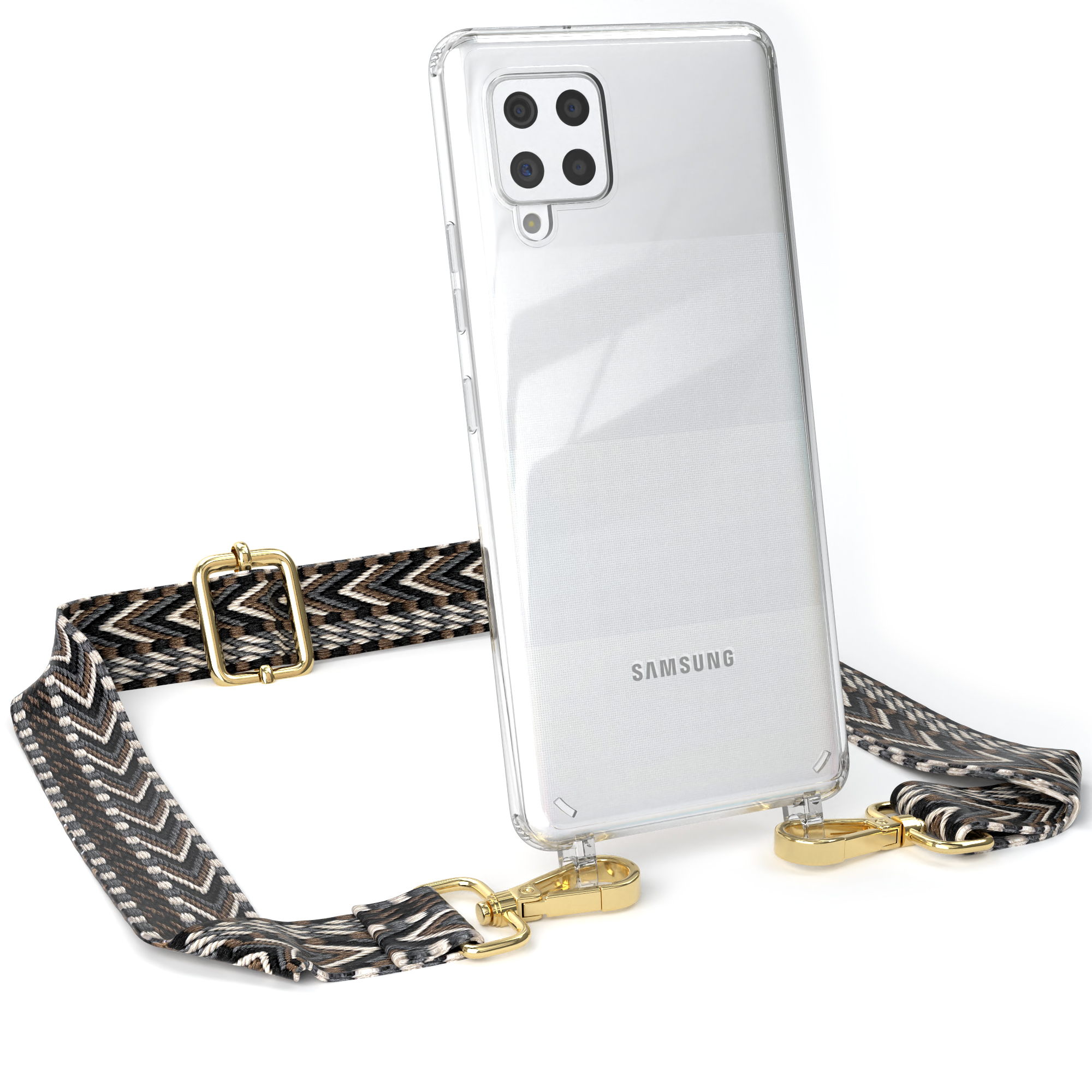EAZY Style, A42 Umhängetasche, Boho Kordel Galaxy Schwarz mit 5G, Handyhülle Samsung, Grau / Transparente CASE