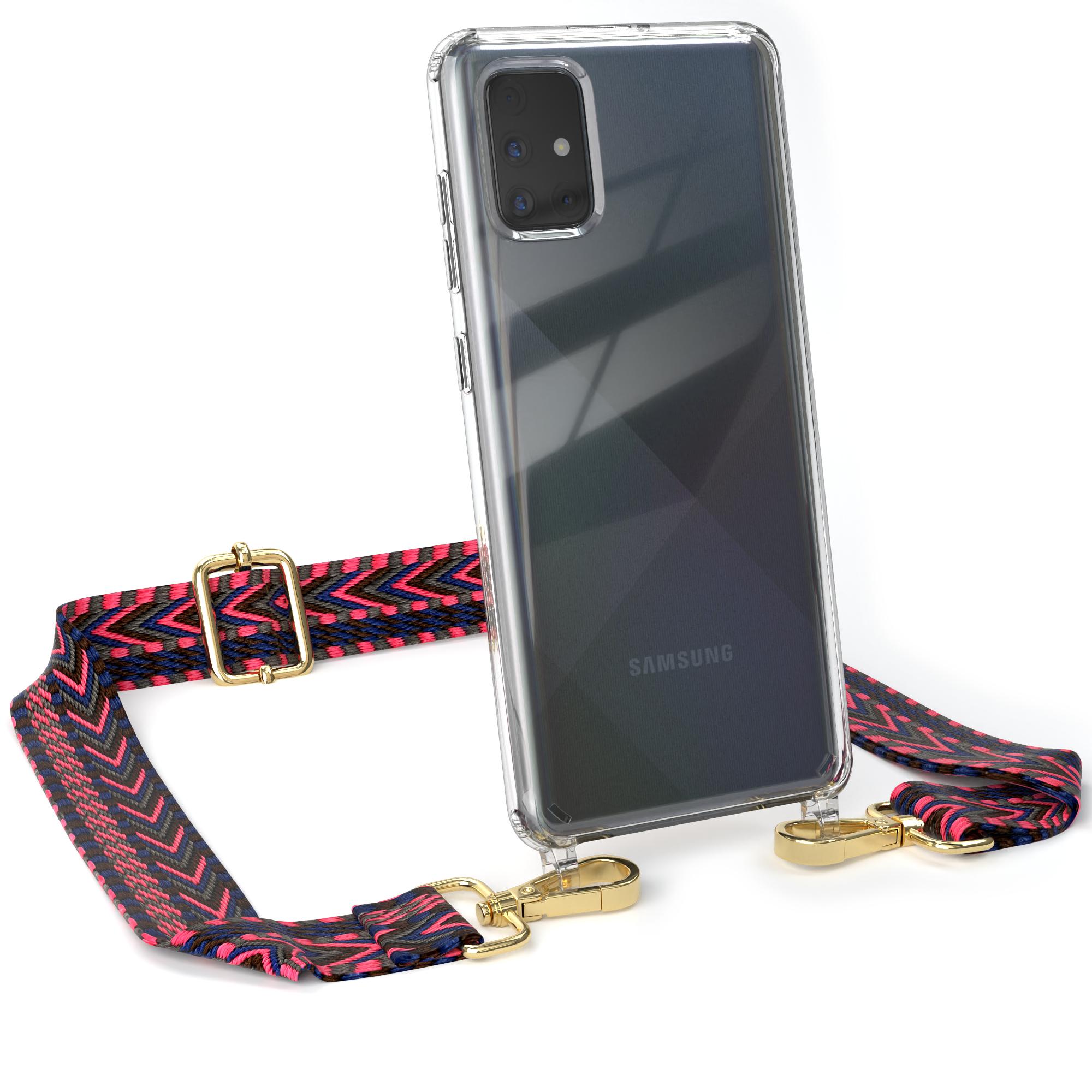 Blau Transparente CASE / A71, Umhängetasche, Style, Boho Kordel EAZY Pink Samsung, Galaxy mit Handyhülle