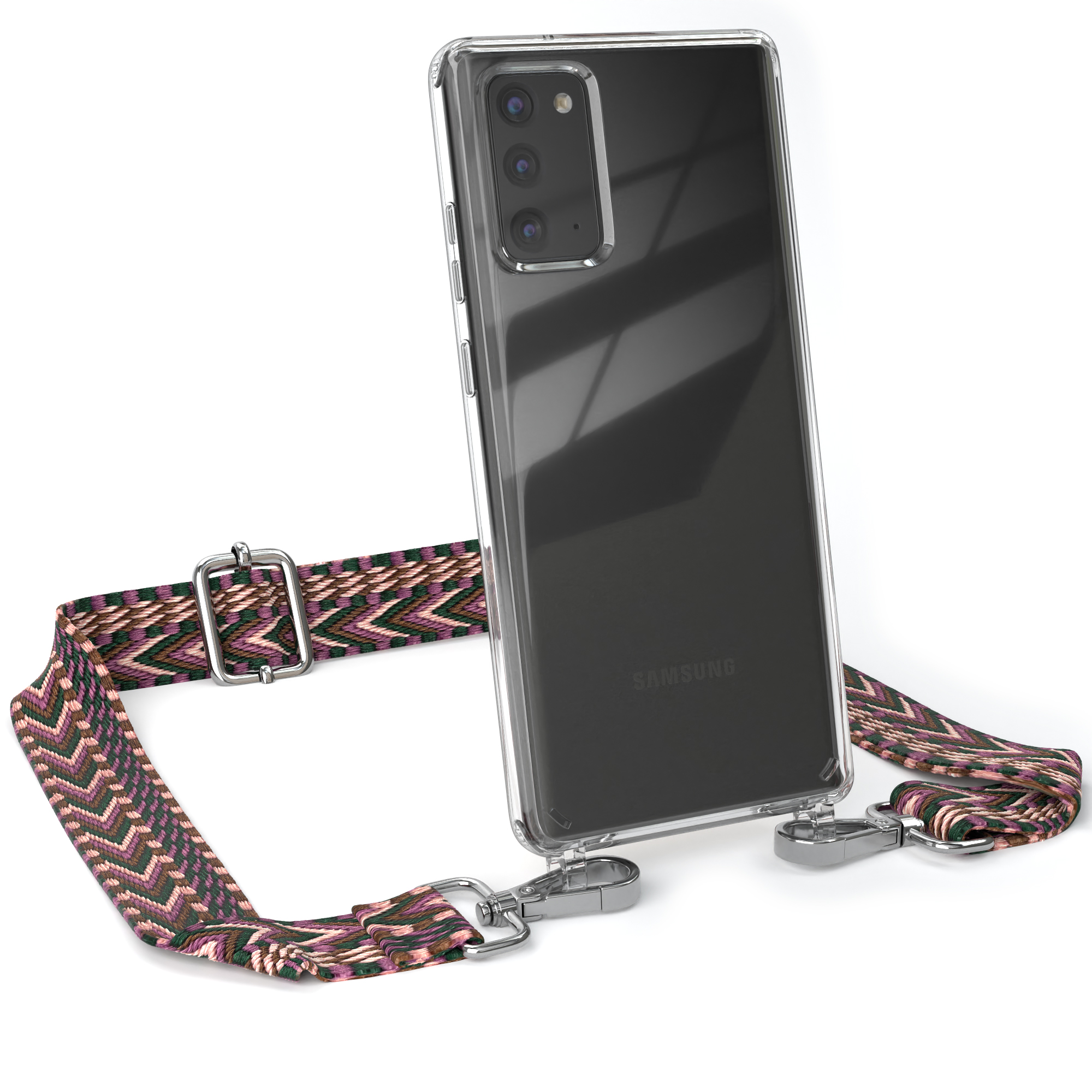 Transparente Handyhülle mit lila-grünem Band. Samsung-Logo sichtbar.