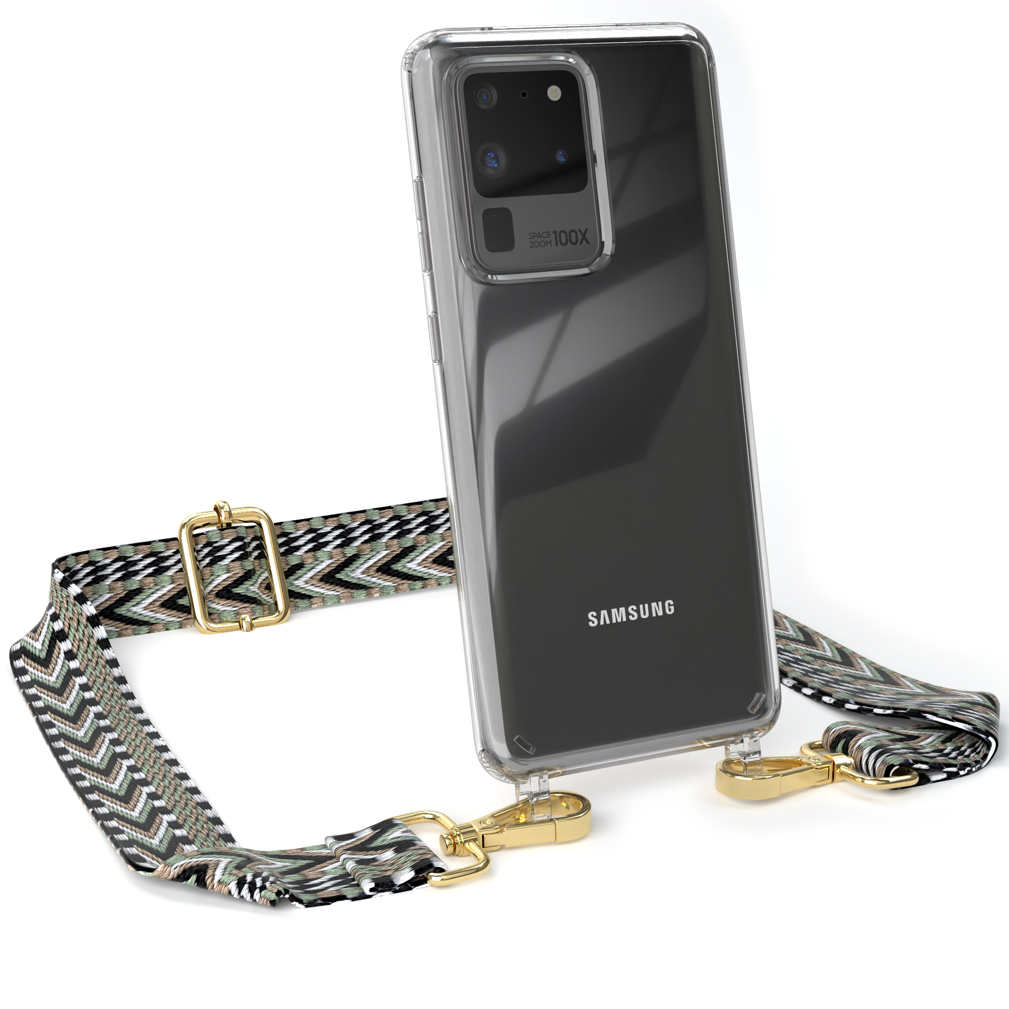 EAZY CASE Transparente Handyhülle S20 5G, Grün Umhängetasche, Style, Ultra Kordel mit Galaxy S20 Boho / Samsung, Schwarz Ultra 