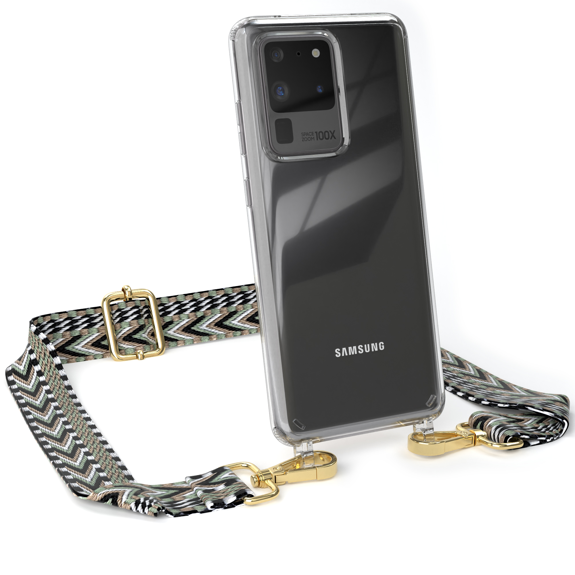 Schwarzes Samsung-Telefon in einer durchsichtigen Hülle mit grau-olivgrünem Riemen und goldenen Verschlüssen. Auf dem Telefon steht SAMSUNG.