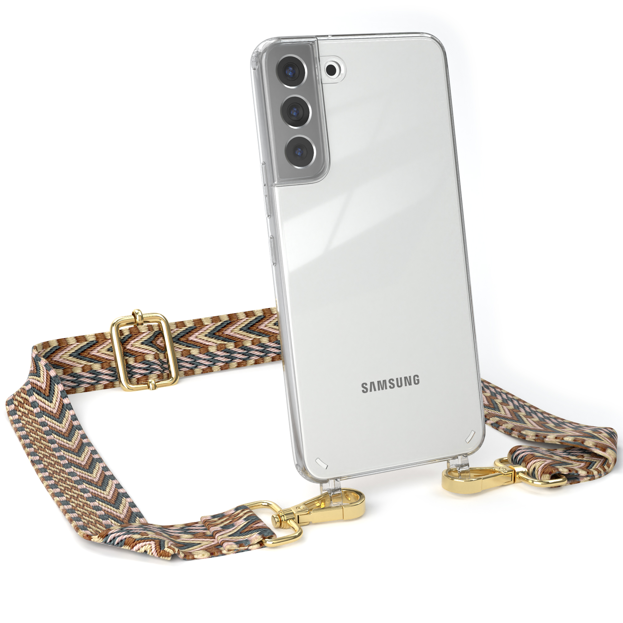 Transparente Handyhülle mit braun gemustertem Band. Telefon auf weißer Oberfläche.
