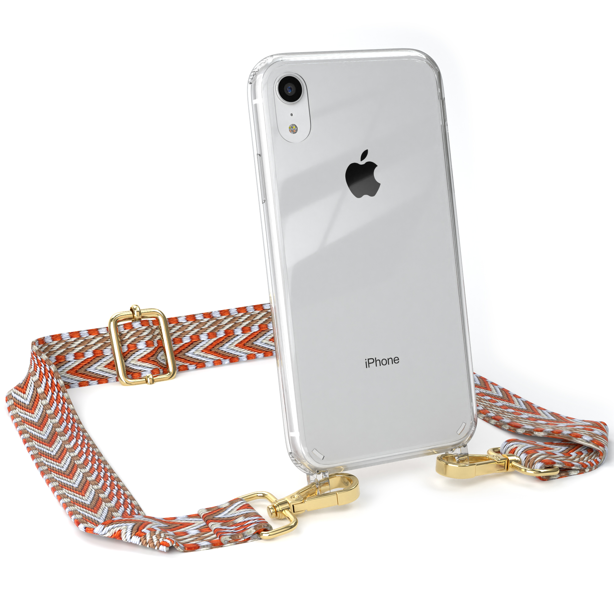 Transparente Handyhülle mit Riemen. Ein iPhone befindet sich in der Hülle. Der Riemen hat orangefarbene, weiße und rote Zickzackmuster.