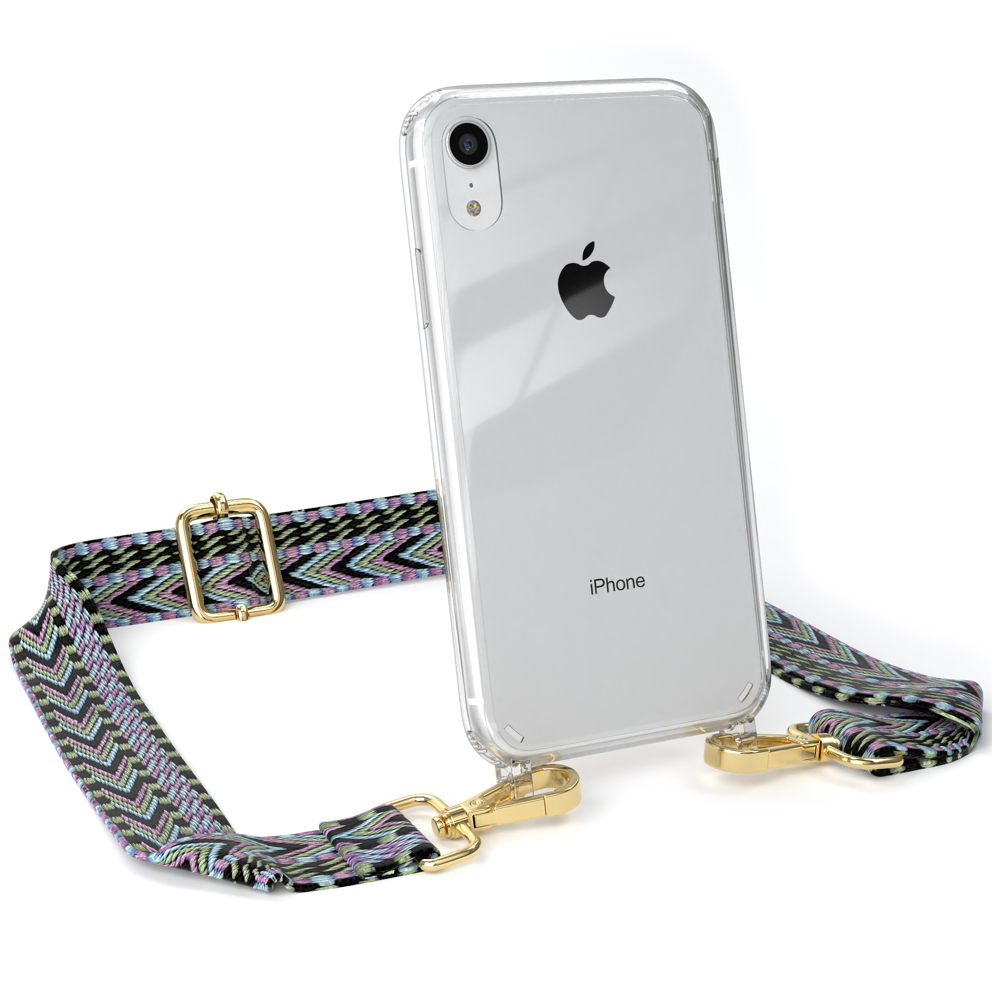 iPhone mit klarer Hülle, gemustertem Riemen und goldener Hardware. Apple-Logo sichtbar.