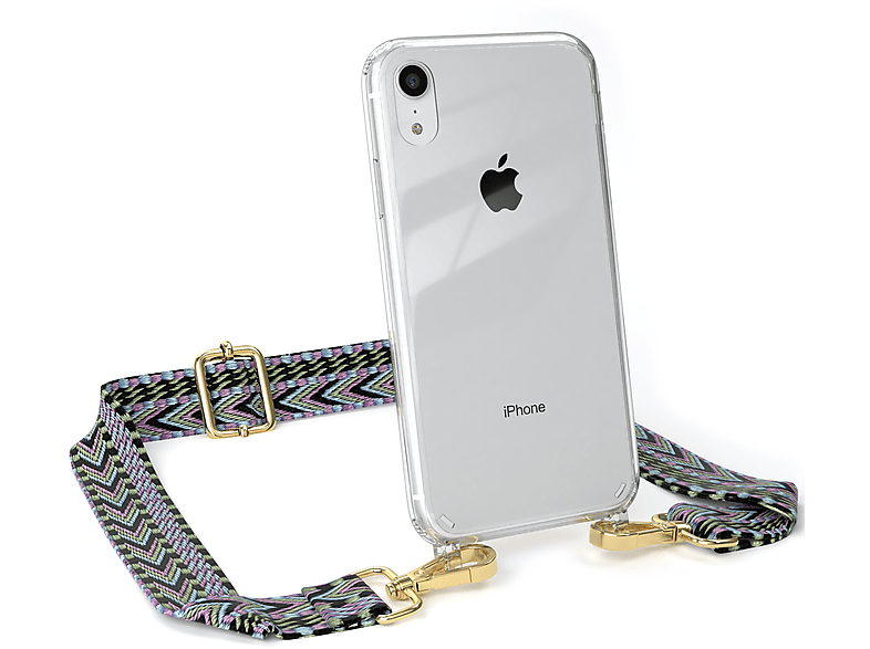 EAZY CASE Transparente Handyhülle iPhone Violett Grün mit / Umhängetasche, XR, Apple, Boho Kordel Style