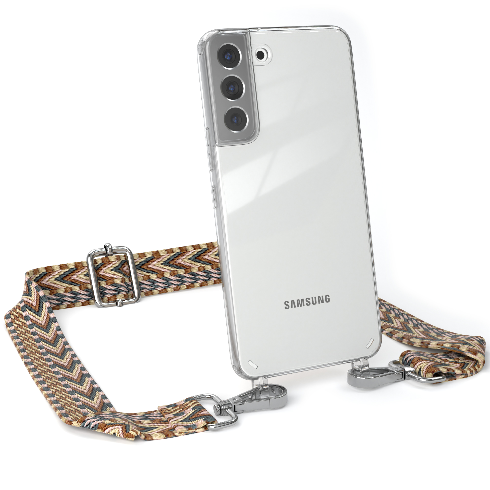 Transparente Samsung-Handyhülle mit Lanyard. Riemen mit mehrfarbigem Zickzackmuster.