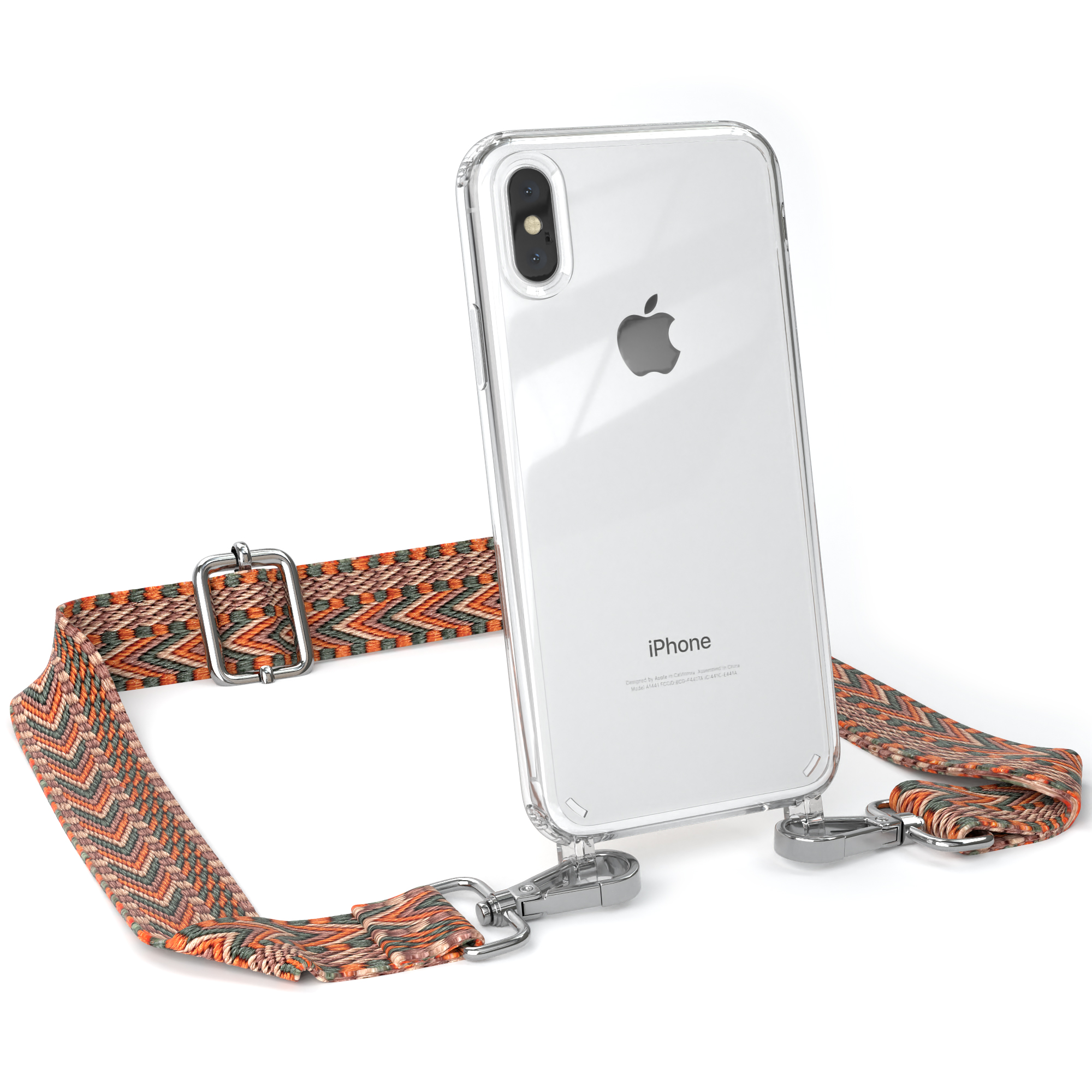 Klare Handyhülle mit Riemen. Der Riemen hat ein orangefarbenes Chevron-Muster mit silberner Hardware.