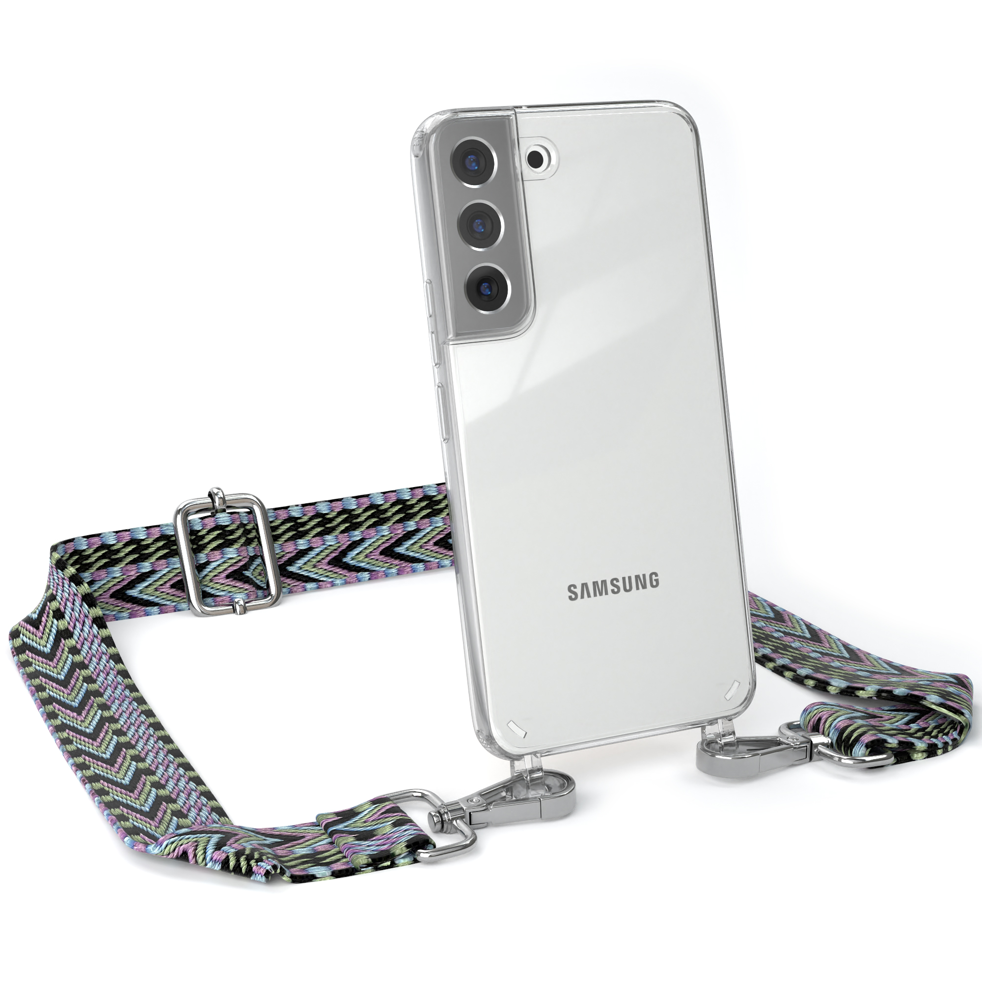 Transparente Samsung-Handyhülle mit mehrfarbigem Band.