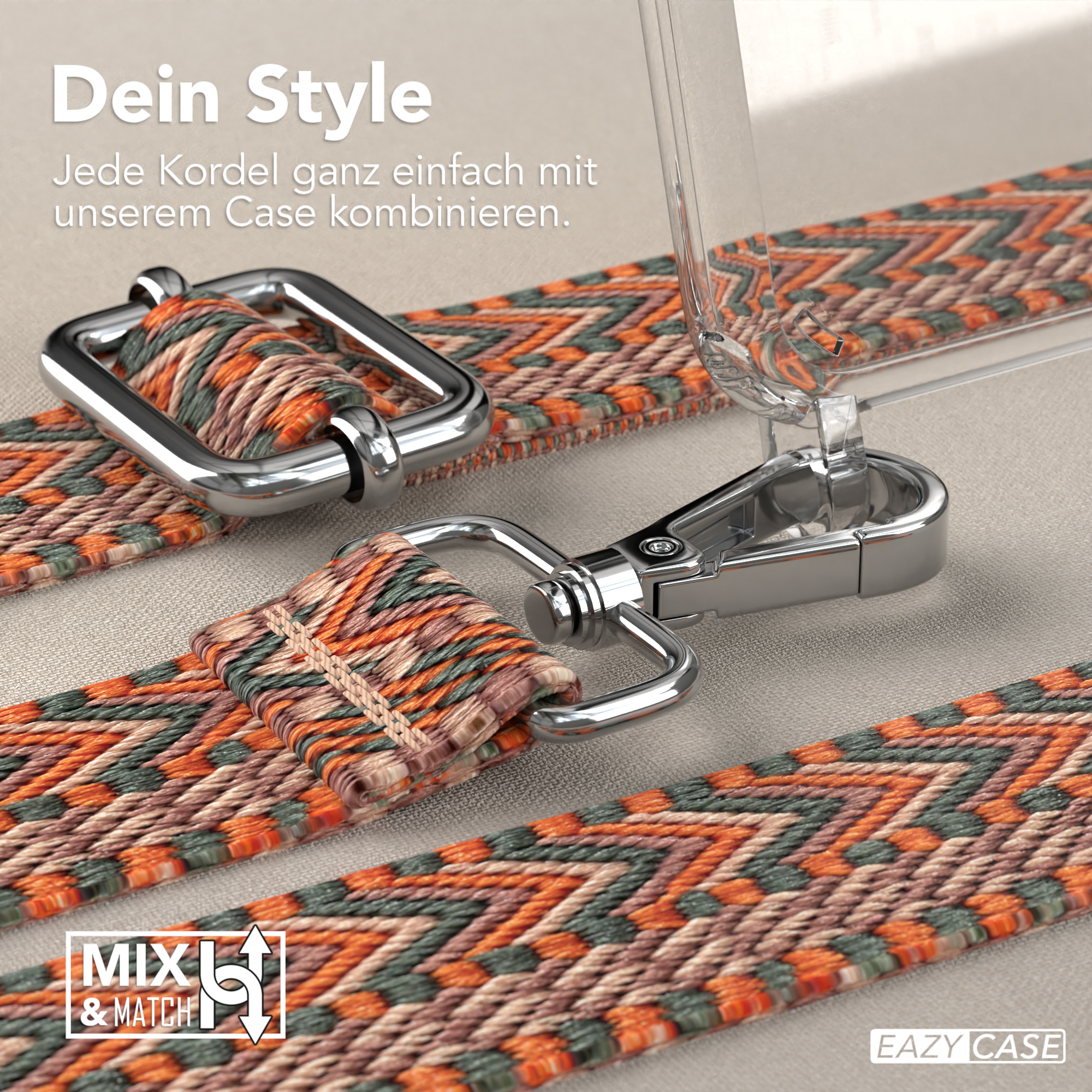 Ein Armband mit gewebtem Muster und einem Metallverschluss. Es ist ein Telefonriemen.