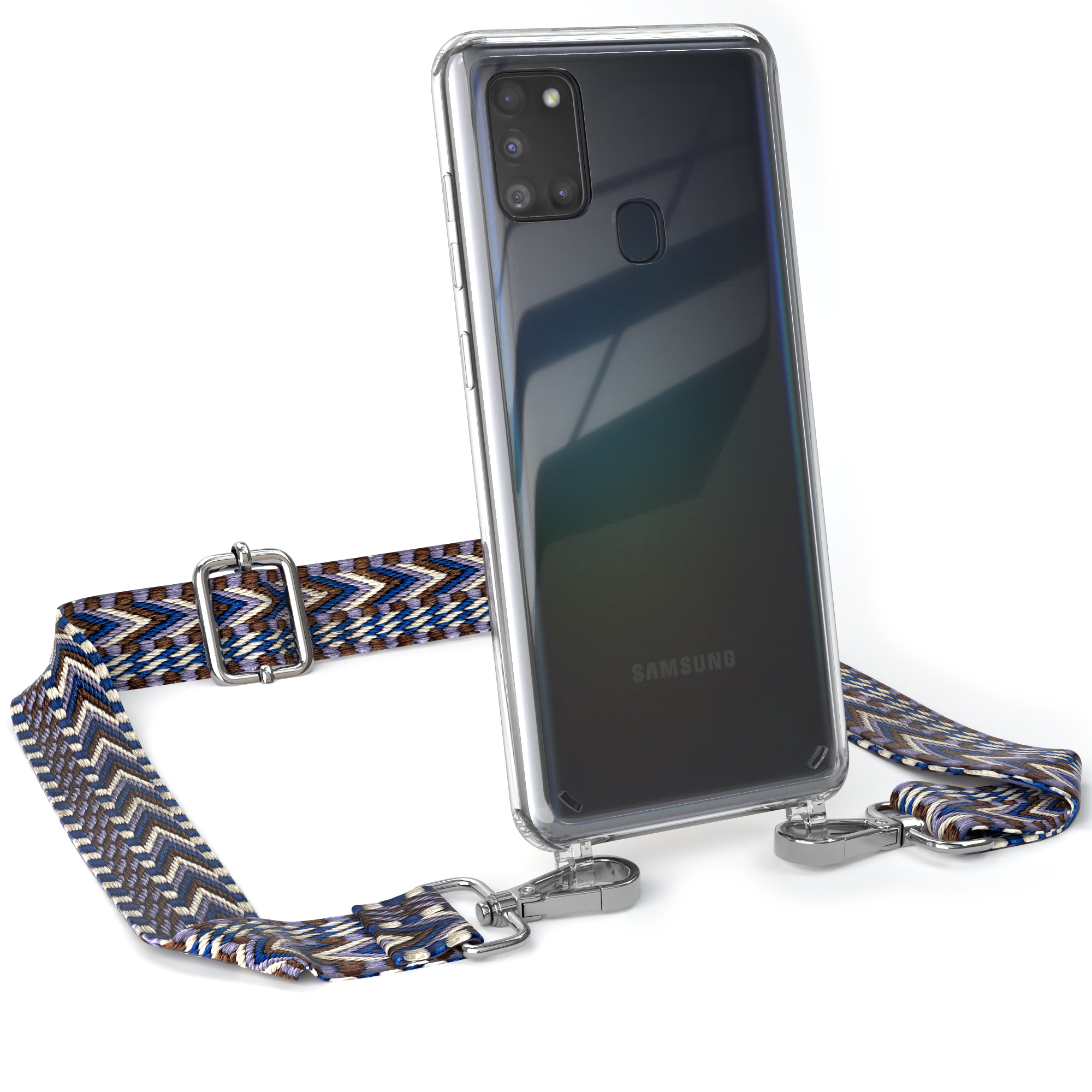 Transparente Handyhülle mit gemustertem Gurt. Das Telefon ist durch die Hülle sichtbar.