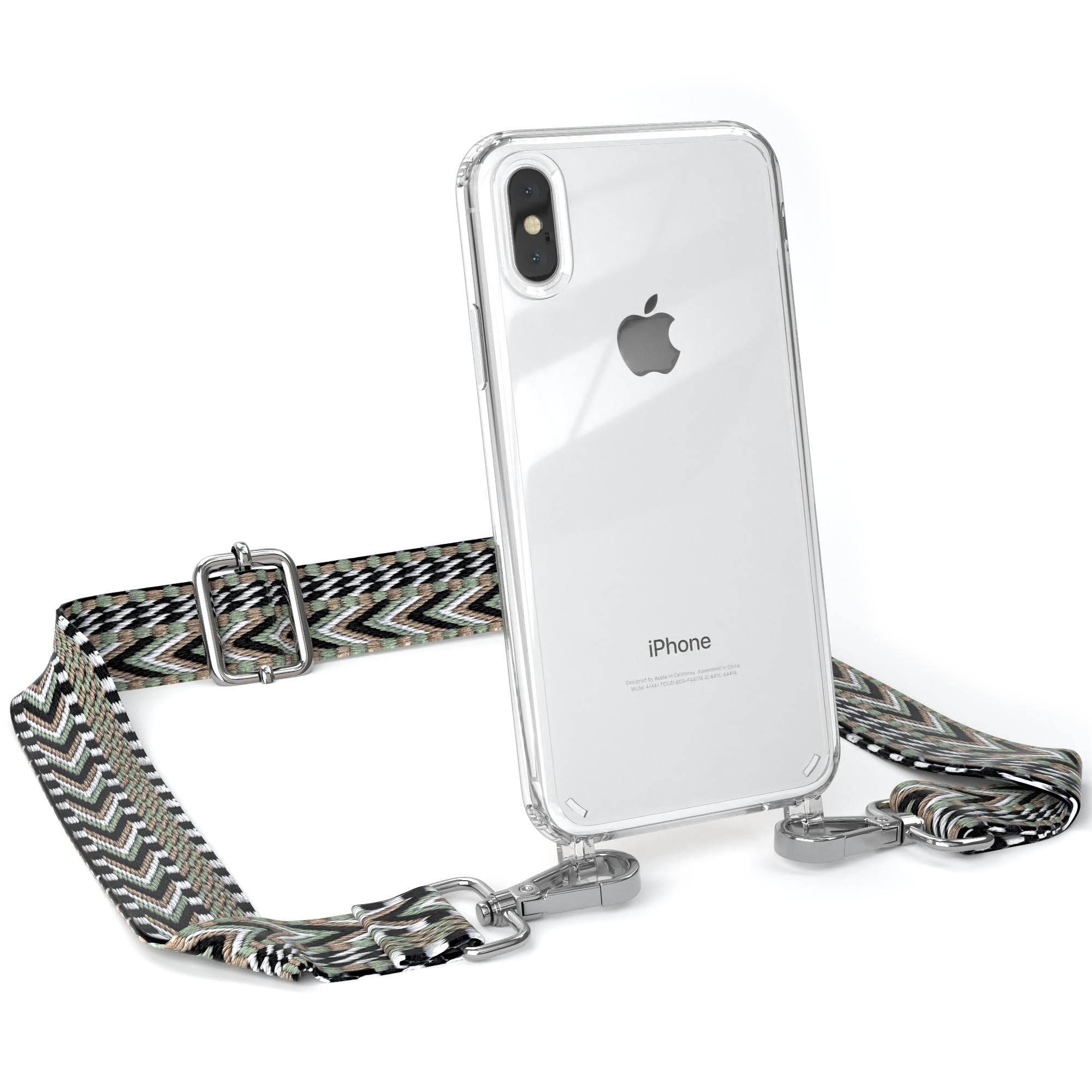 Transparente Handyhülle mit Trageband, an dem ein Telefon befestigt ist.