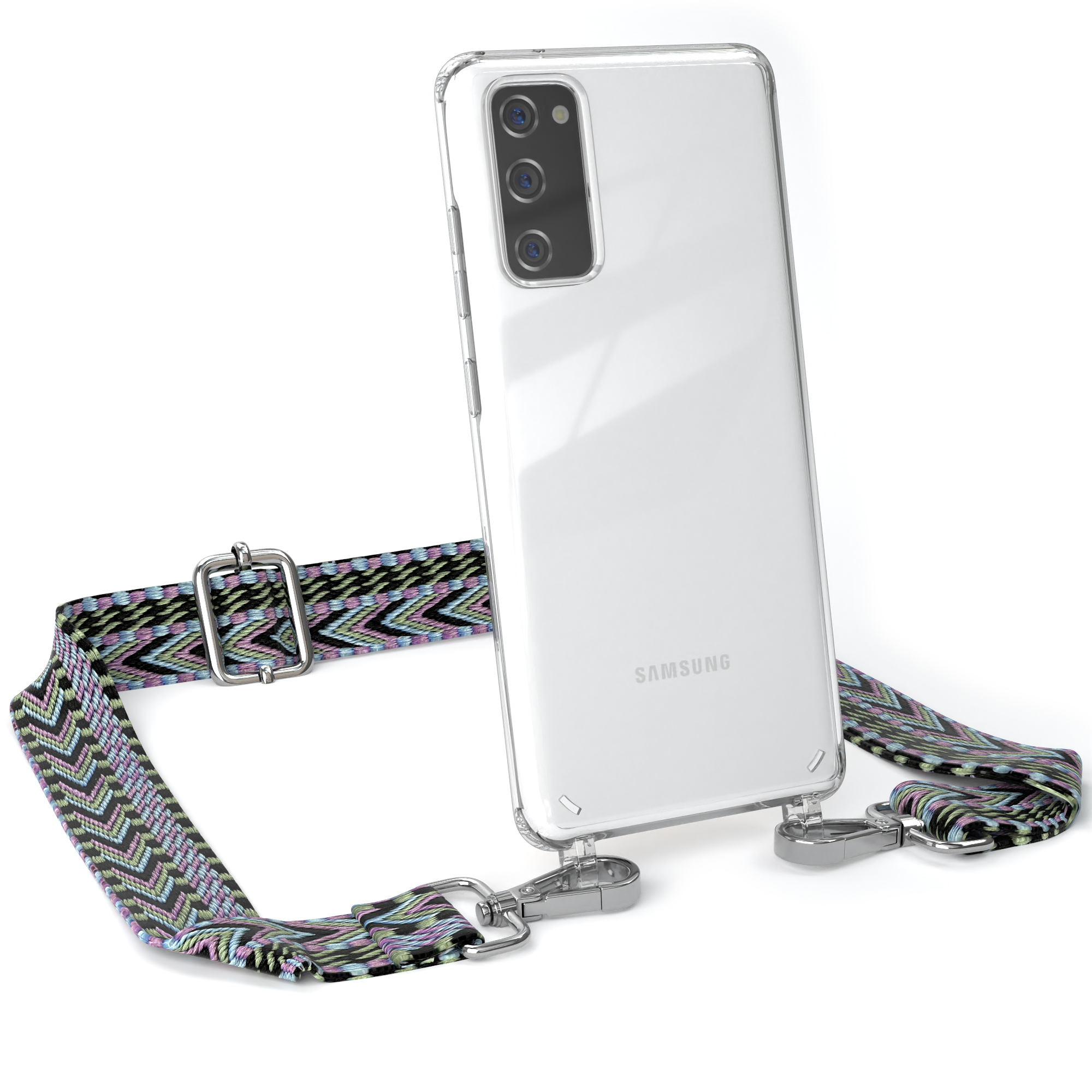 Transparente Handyhülle mit Riemen, Samsung-Logo und mehrfarbigem Riemen.