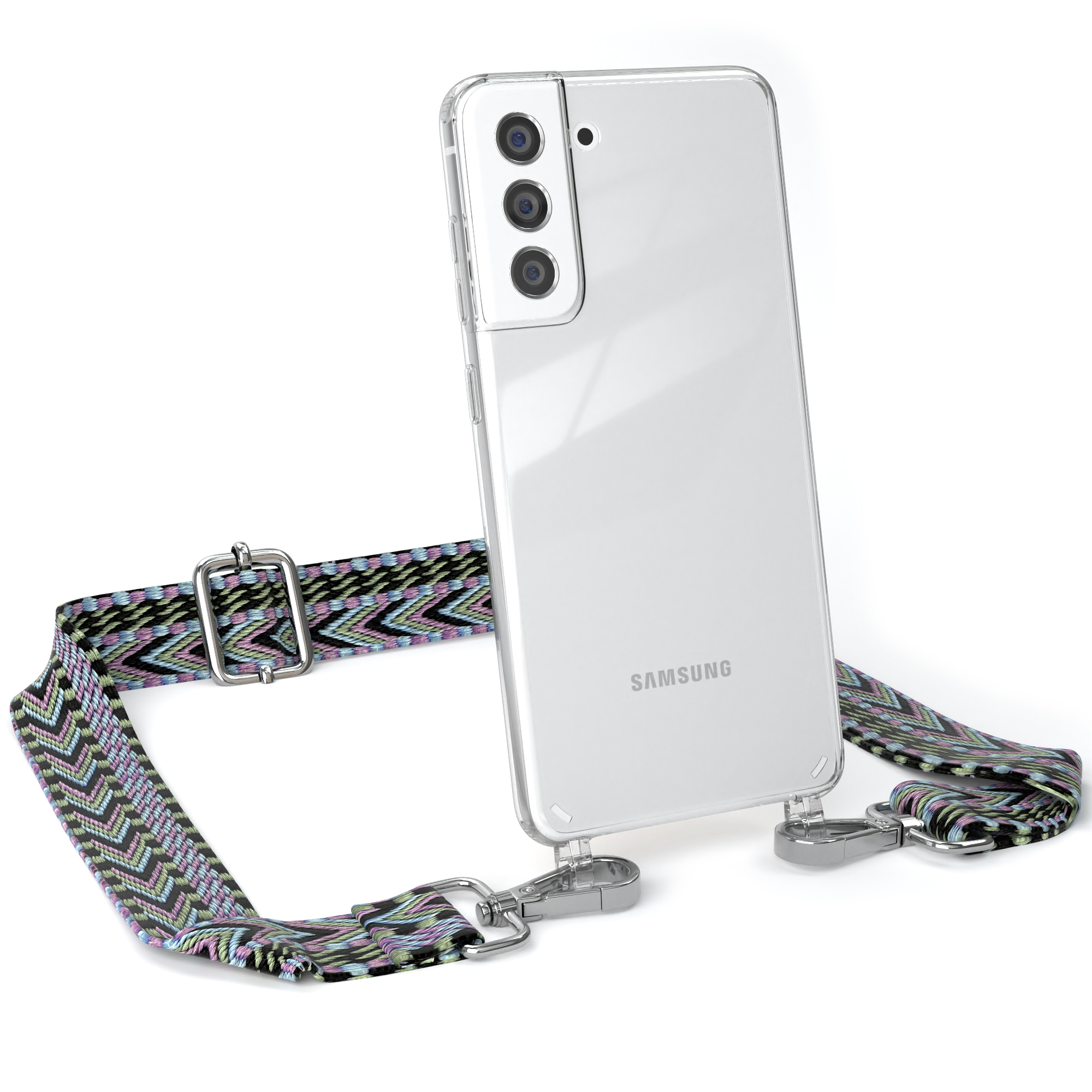 Transparente Handyhülle mit buntem Riemen. Samsung-Handy ist innen. Weißer Hintergrund.