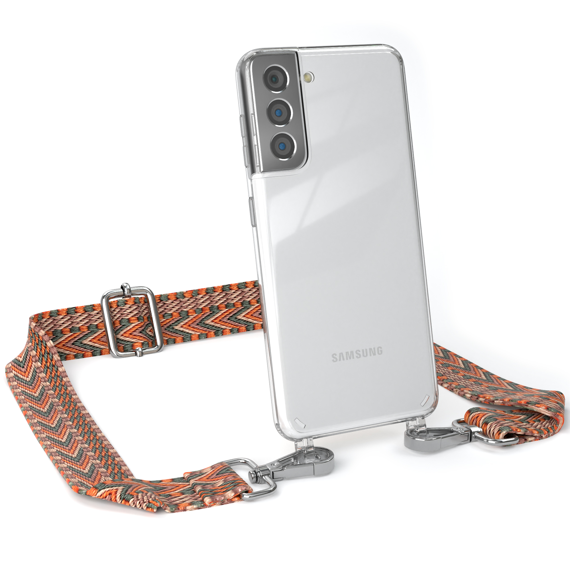 Transparente Handyhülle mit Riemen, graues Telefon, orangefarbener und grauer Riemen, silberne Verschlüsse.