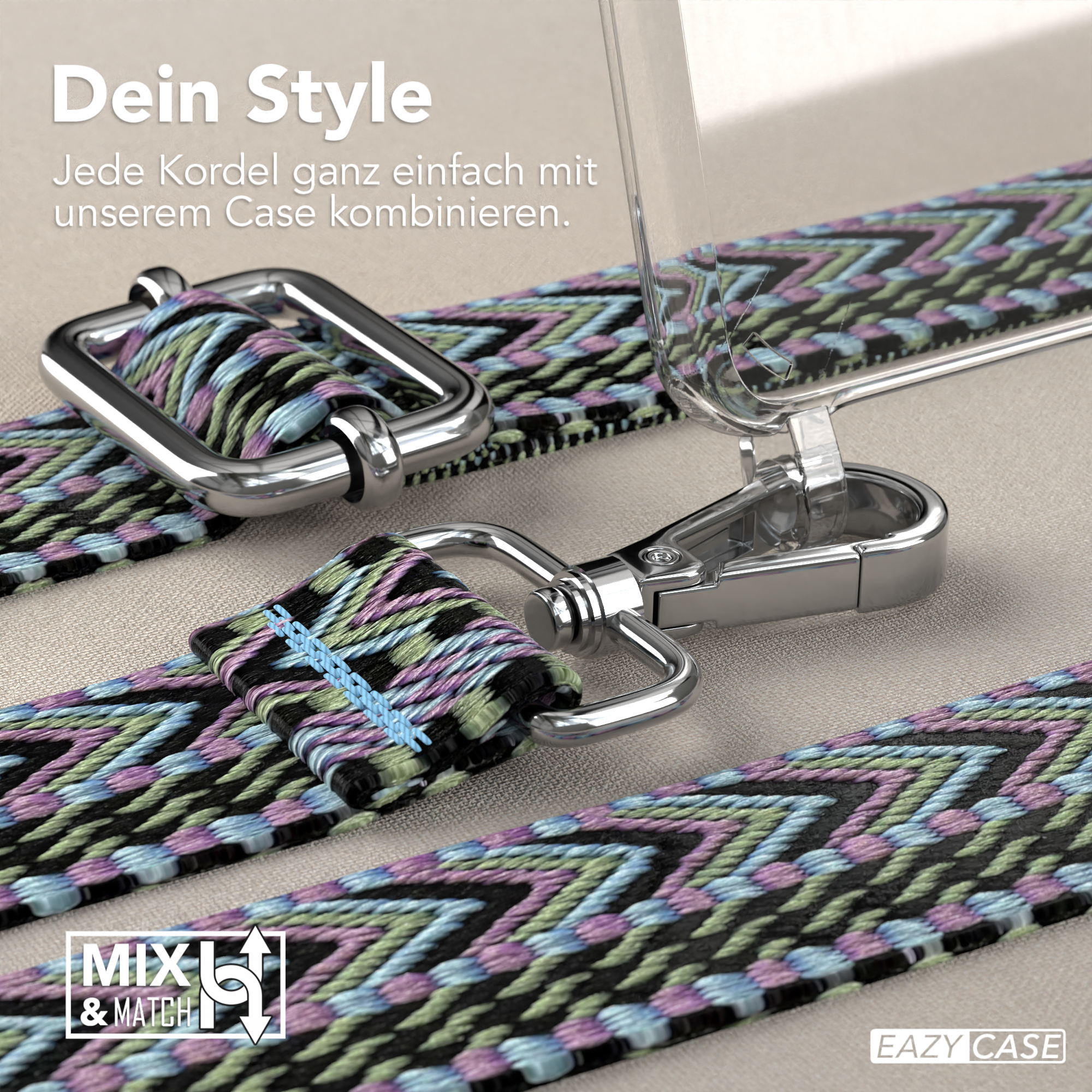 Nahaufnahme einer Handyhülle mit farbenfrohem Trageriemen und Metallverschlüssen auf heller Oberfläche.