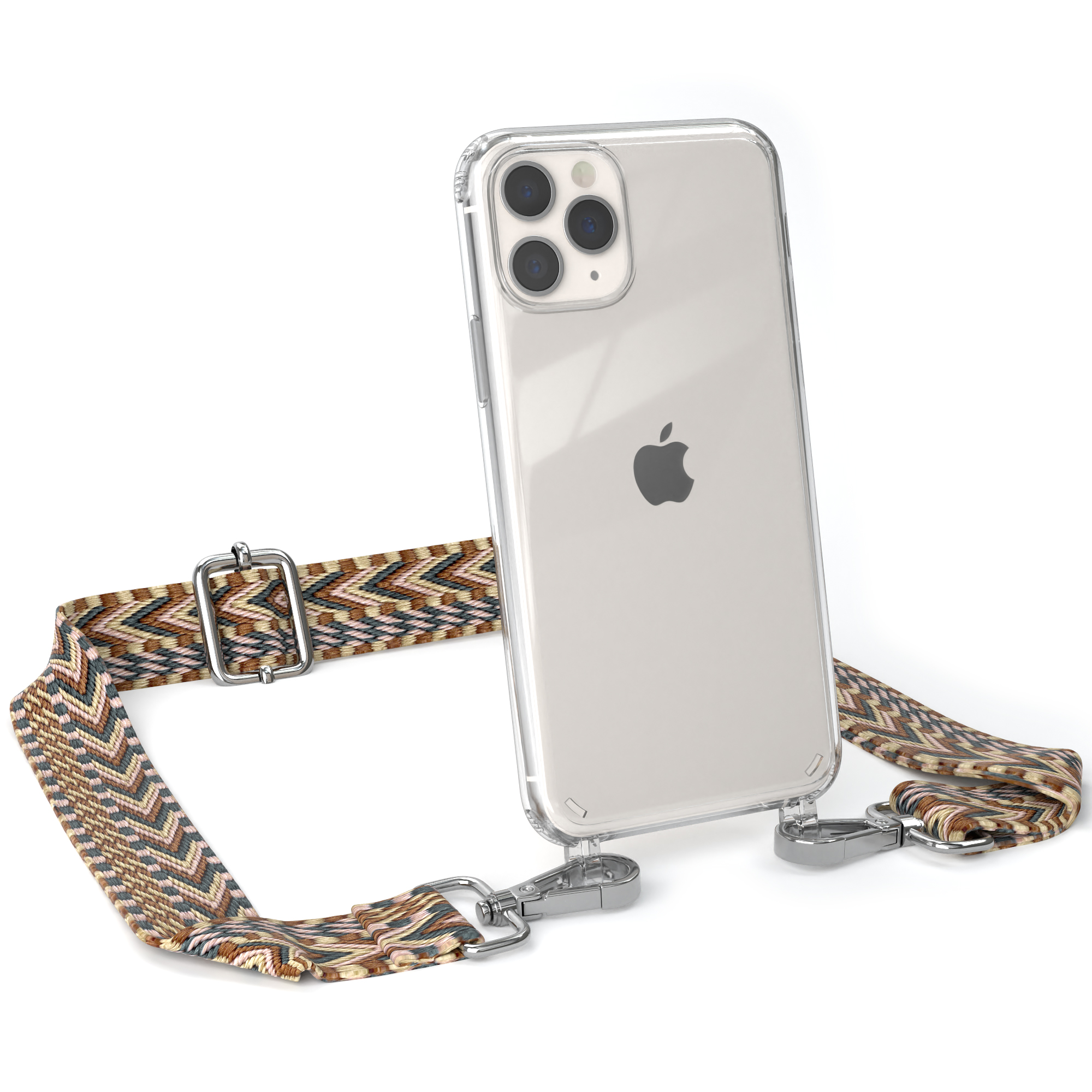 Klare Handyhülle mit Riemen. Der Riemen hat ein braunes Chevron-Muster mit silberner Hardware.