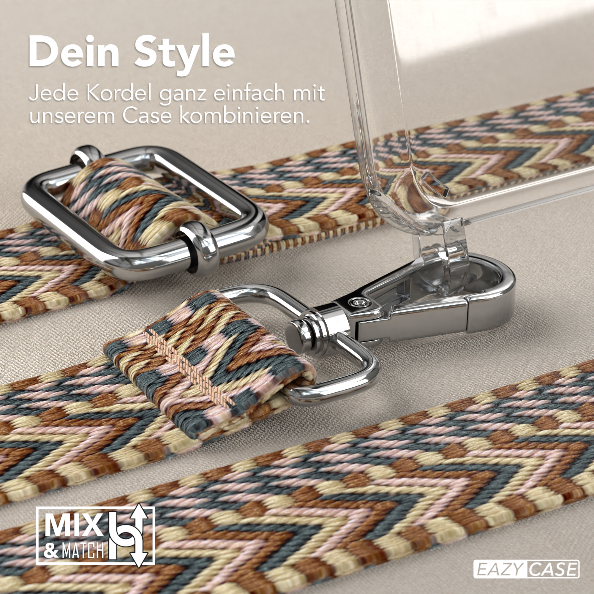 Nahaufnahme eines gemusterten Riemens mit Metallverschluss und klarer Handyhülle.