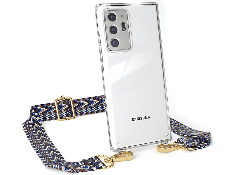EAZY CASE Transparente Handyhülle mit Kordel Boho Style, Umhängetasche, Samsung, Galaxy Note 20 Ultra / Note 20 Ultra 5G, Blau / Weiß