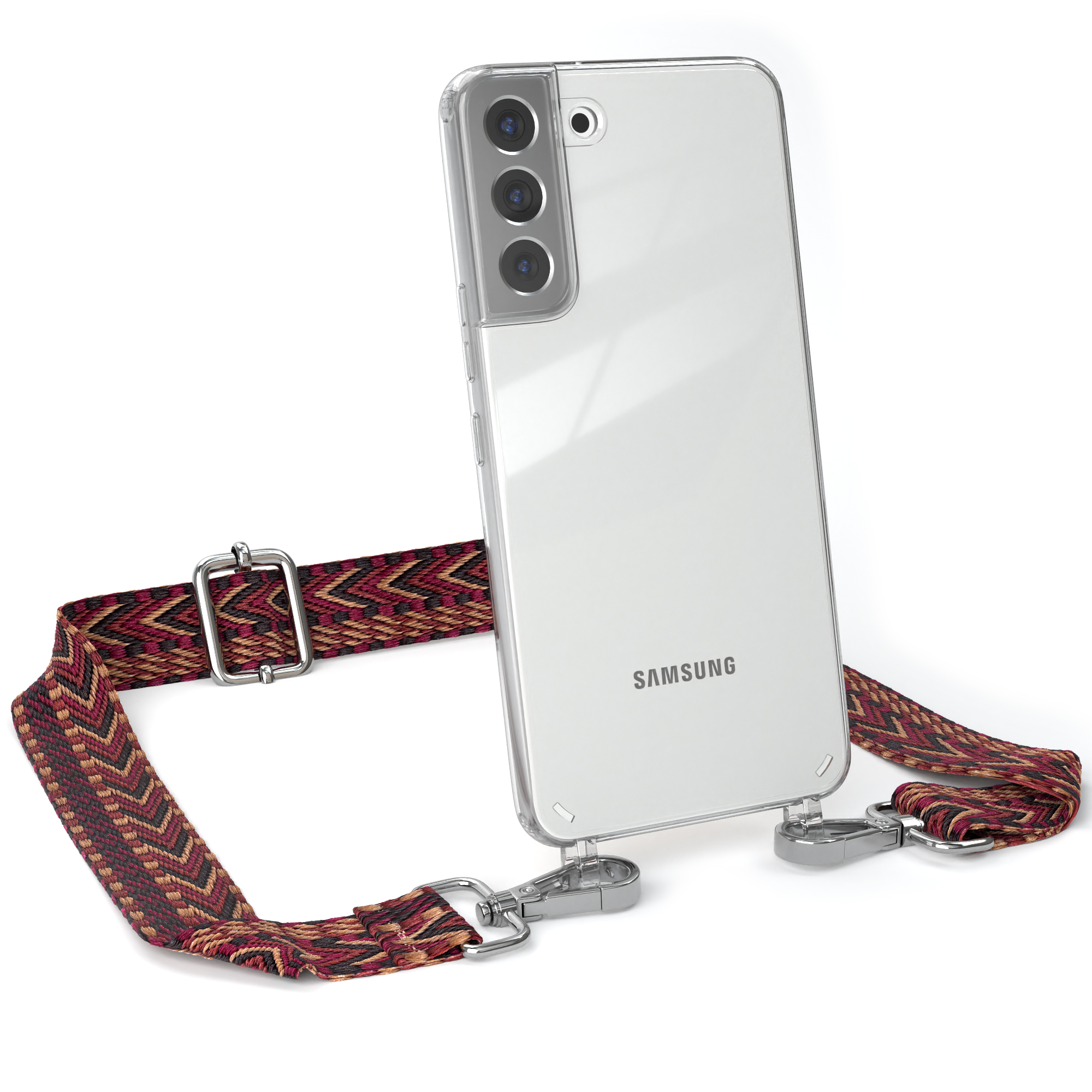 Transparente Samsung-Handyhülle mit Riemen. Riemen mit maroon, schwarzem und beigem Muster.
