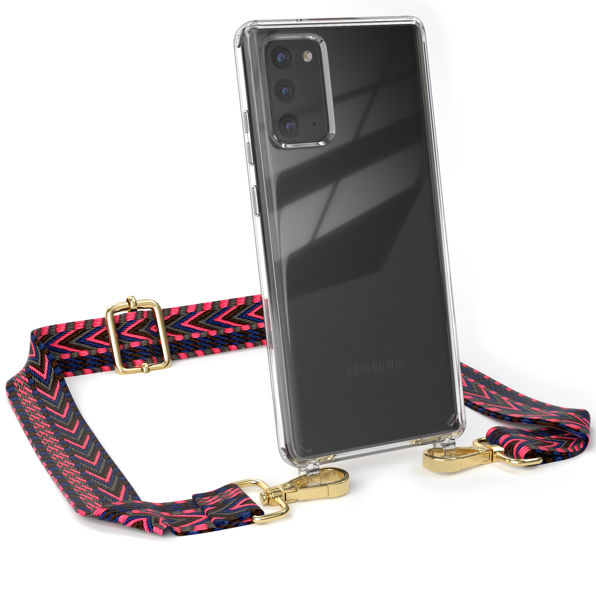 Transparente Handyhülle mit Riemen. Riemen hat rosa, schwarzes und blaues Muster. Samsung Logo.