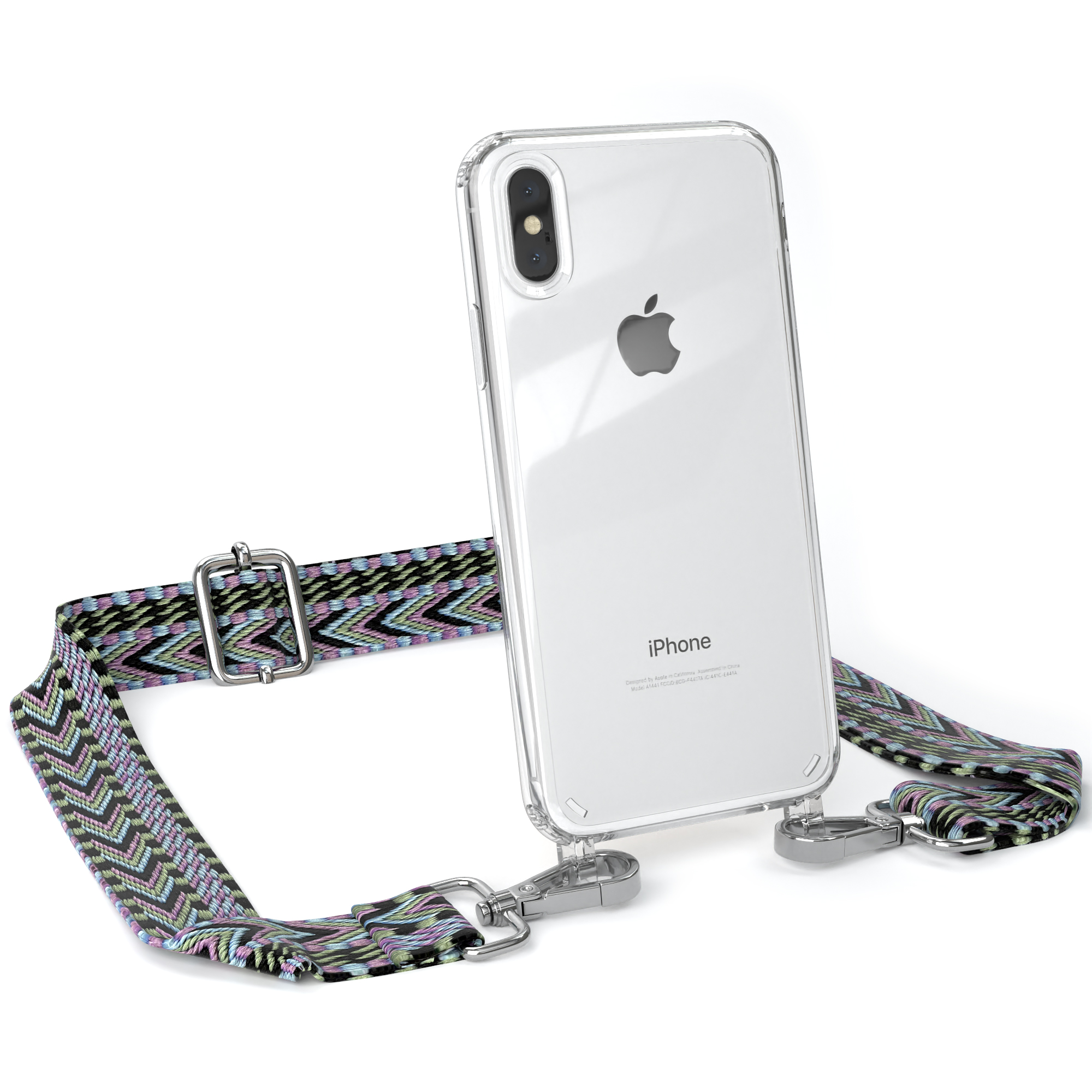 Transparente iPhone Hülle mit gemustertem Riemen. iPhone Logo sichtbar. Silberne Hardware. Weißer Hintergrund.