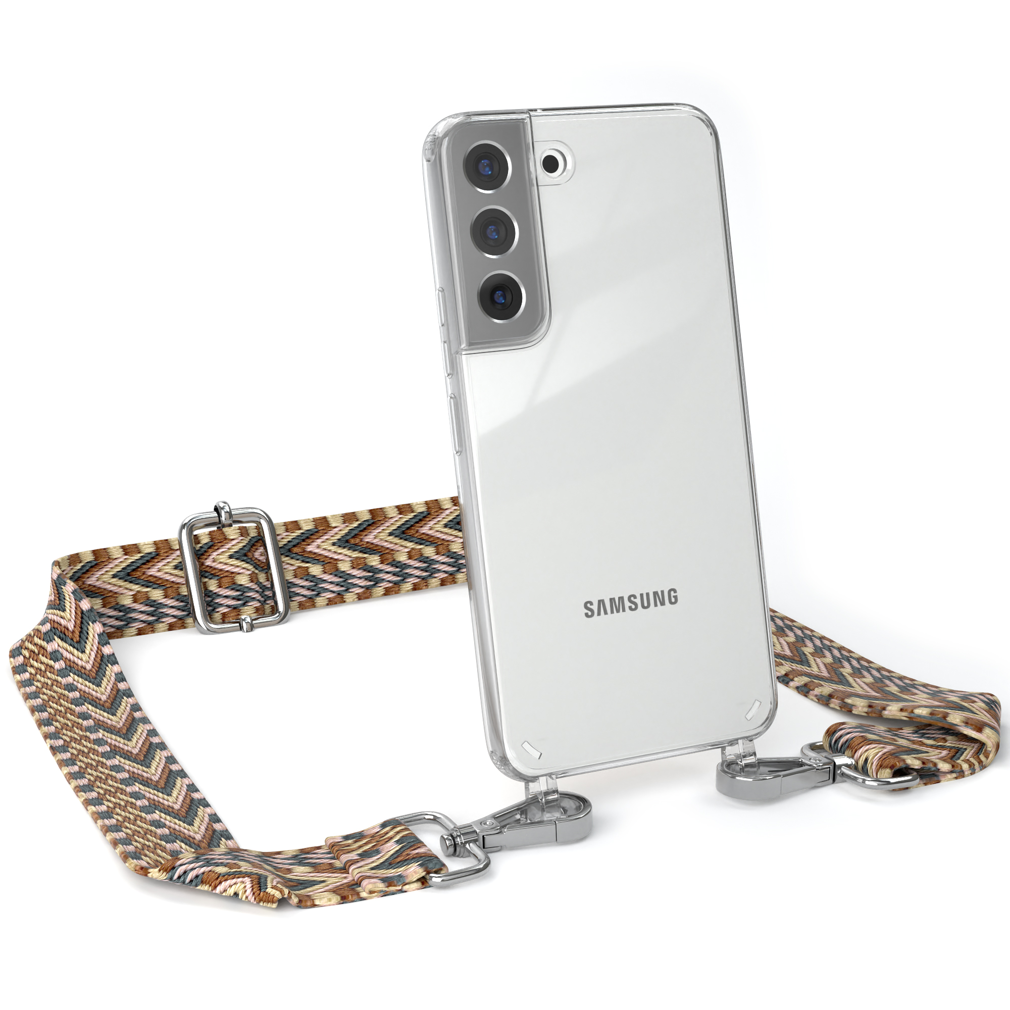 Transparente Samsung Handyhülle mit gemustertem Riemen. Silberne Hardware. Weißer Hintergrund.