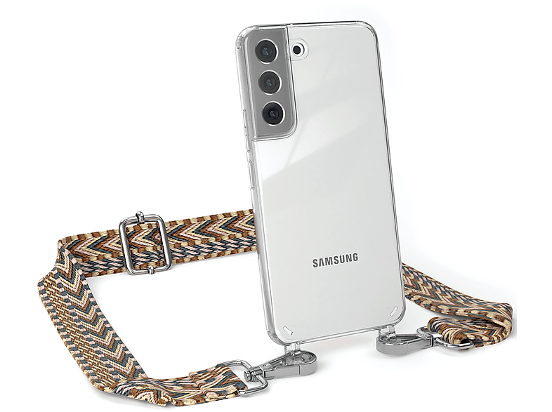 EAZY CASE Transparente Handyhülle mit Kordel Boho Style, Umhängetasche, Samsung, Galaxy S22 5G, Braun Mix