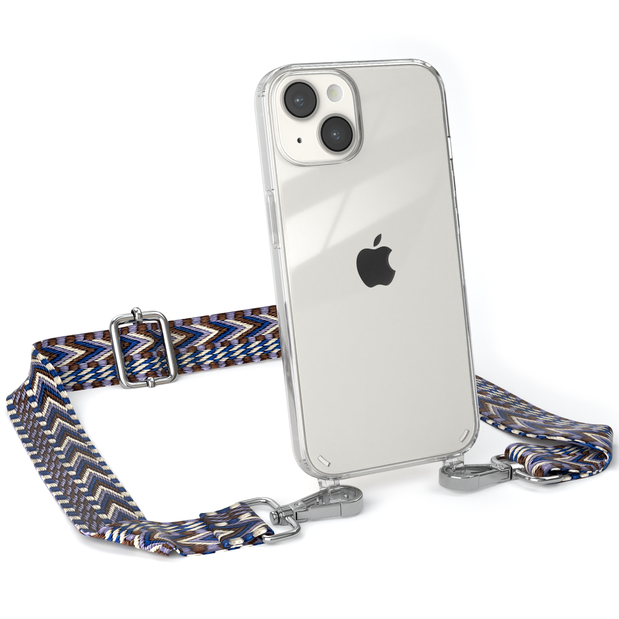iPhone mit klarer Hülle, gemustertem Riemen und silberner Hardware. Apple-Logo sichtbar.