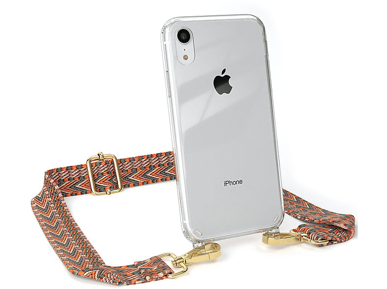 EAZY CASE Transparente Handyhülle mit Style, Grün iPhone Apple, Orange Kordel Umhängetasche, Boho / XR