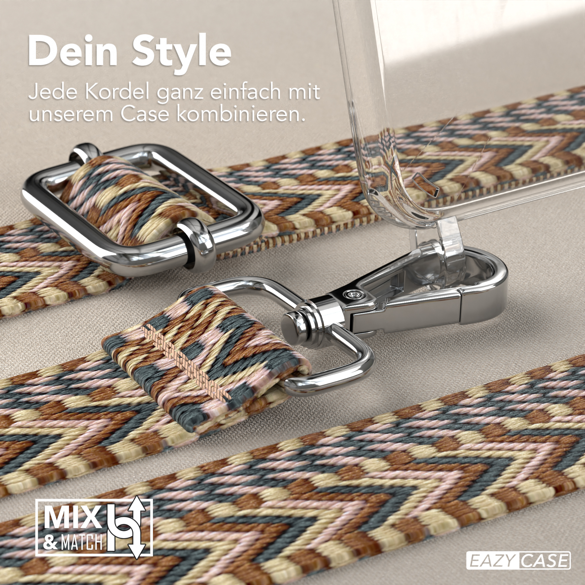 Nahaufnahme eines Handyhüllenriemens und seiner Metallteile. Der Riemen hat ein Muster.