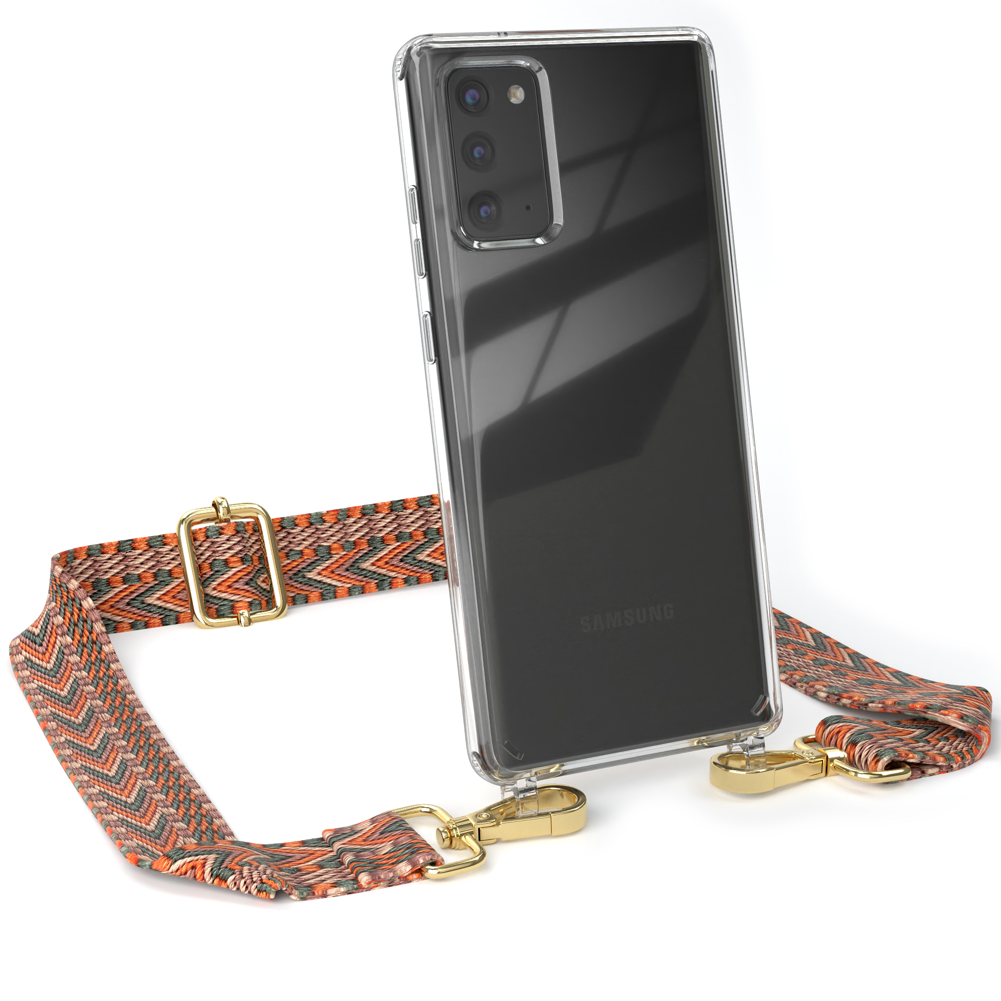 Samsung-Handy in klarer Hülle mit Band. Band ist orange und grau, goldene Verschlüsse.