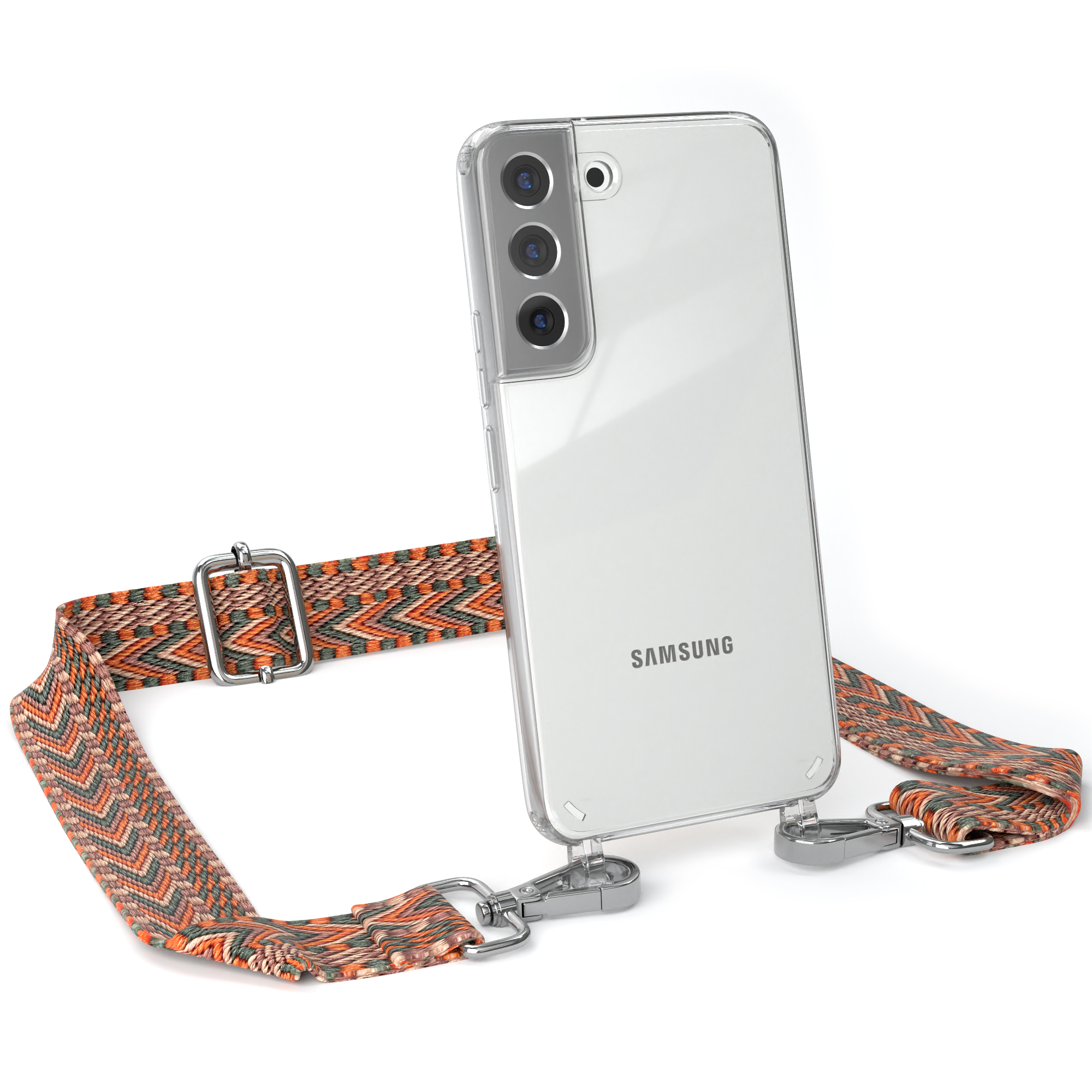 Transparente Handyhülle mit orangefarbenem und grau gemustertem Riemen. Samsung-Handy sichtbar.