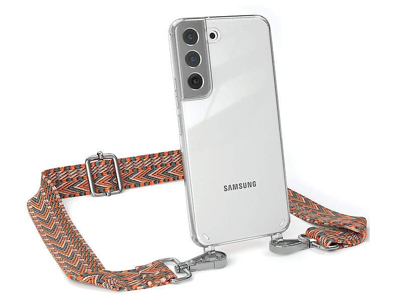 EAZY CASE Transparente Handyhülle mit Kordel Boho Style, Umhängetasche, Samsung, Galaxy S22 5G, Orange / Grün