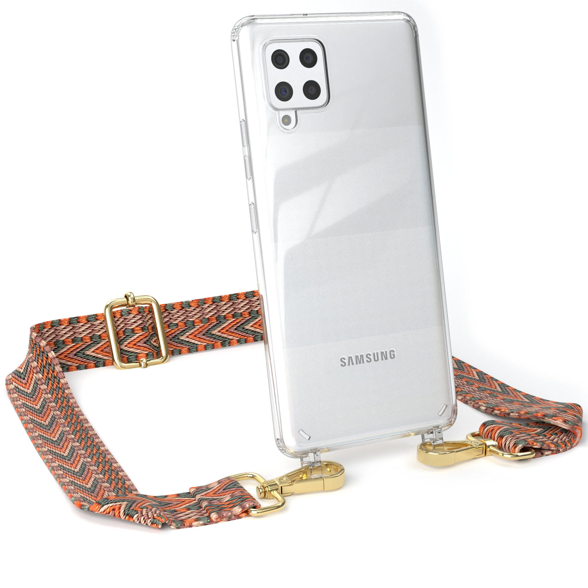 EAZY Handyhülle Boho Style, A42 5G, CASE / Galaxy Umhängetasche, Kordel Grün mit Samsung, Transparente Orange