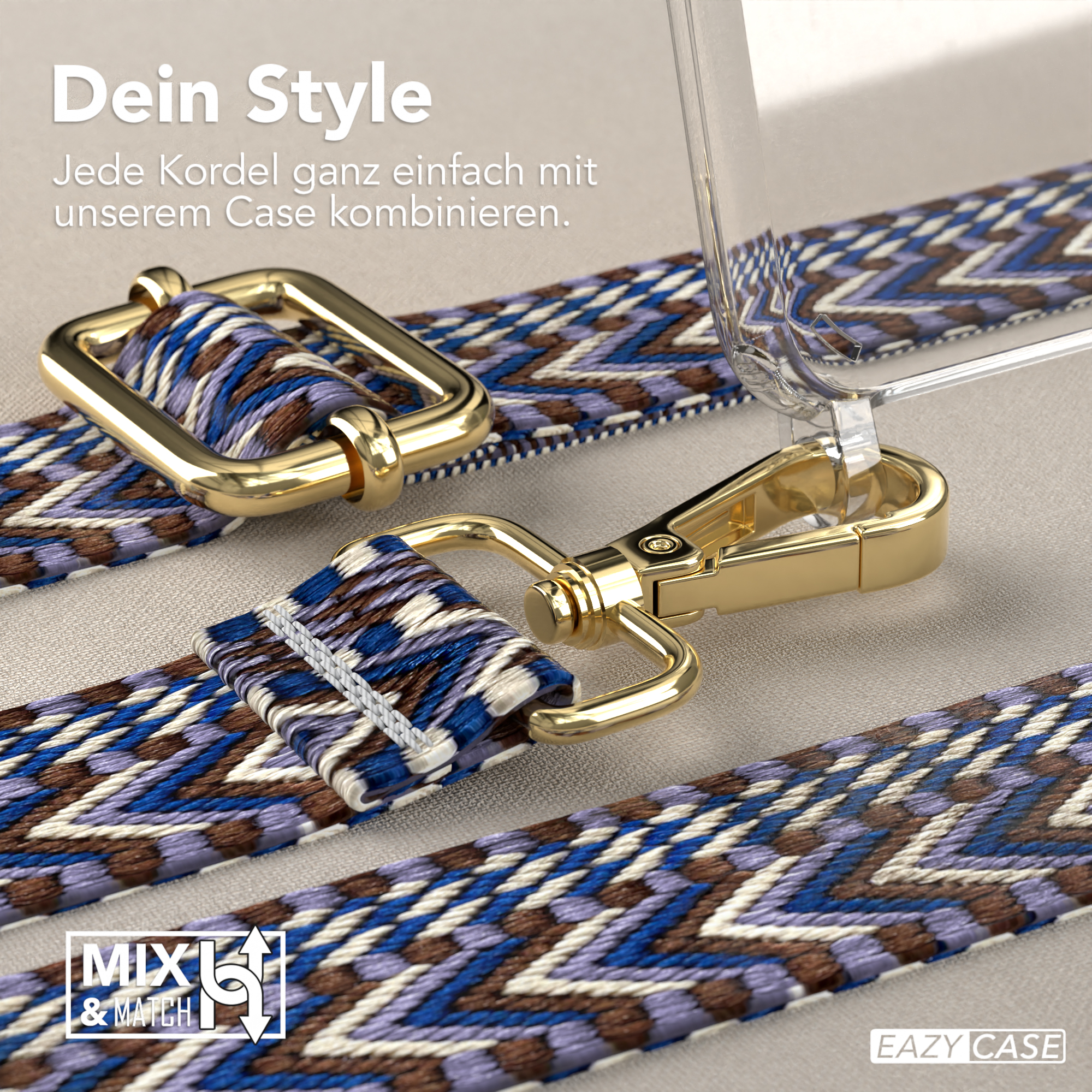 Nahaufnahme von Handyhüllenriemen und -anschlüssen. Blaues und braunes Gewebe.