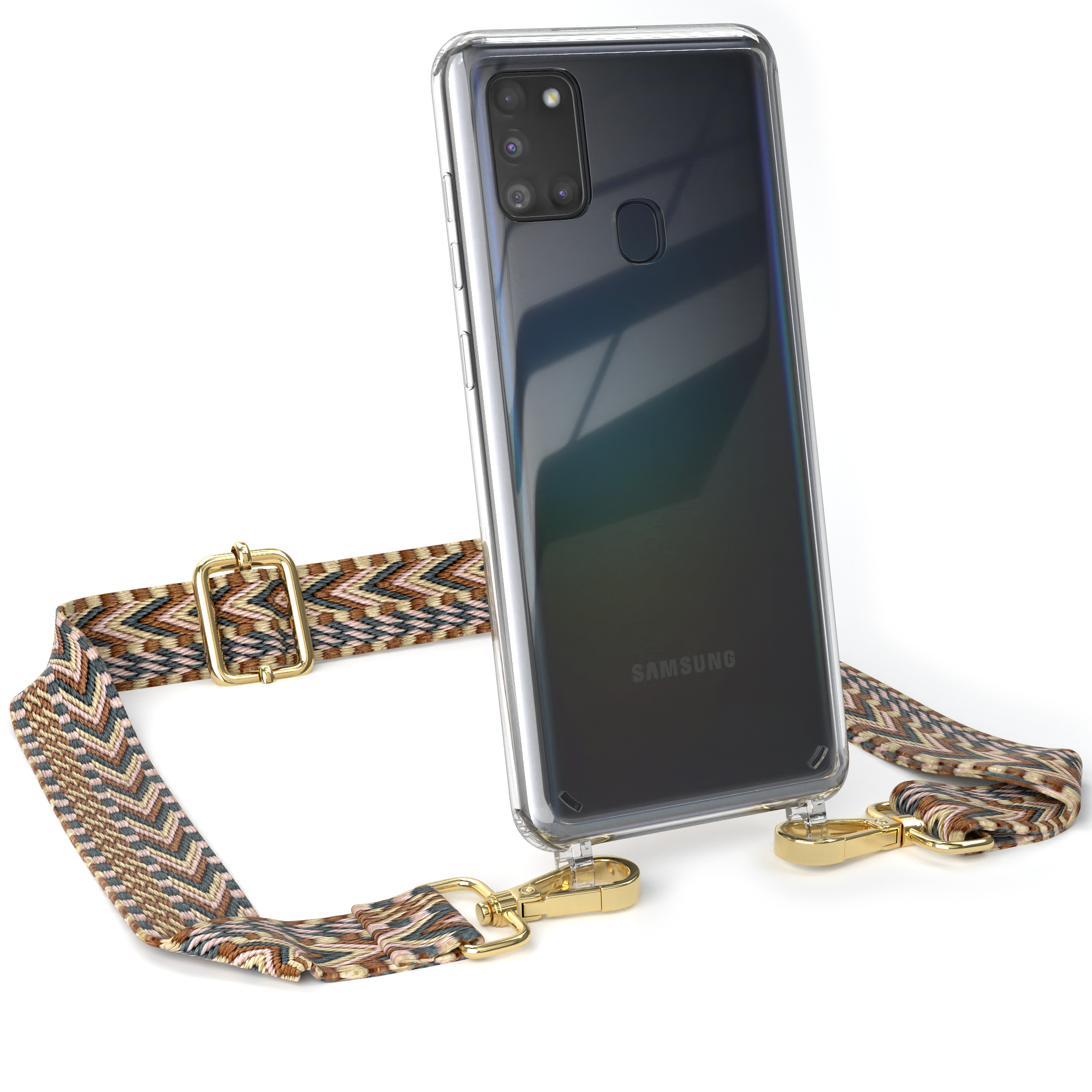 Transparente Handyhülle mit braunem Riemen. Samsung-Telefon. Weißer Hintergrund.