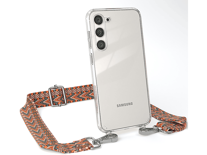 EAZY CASE Transparente Handyhülle mit Orange Grün S23 Boho Samsung, / Kordel Umhängetasche, Plus, Galaxy Style