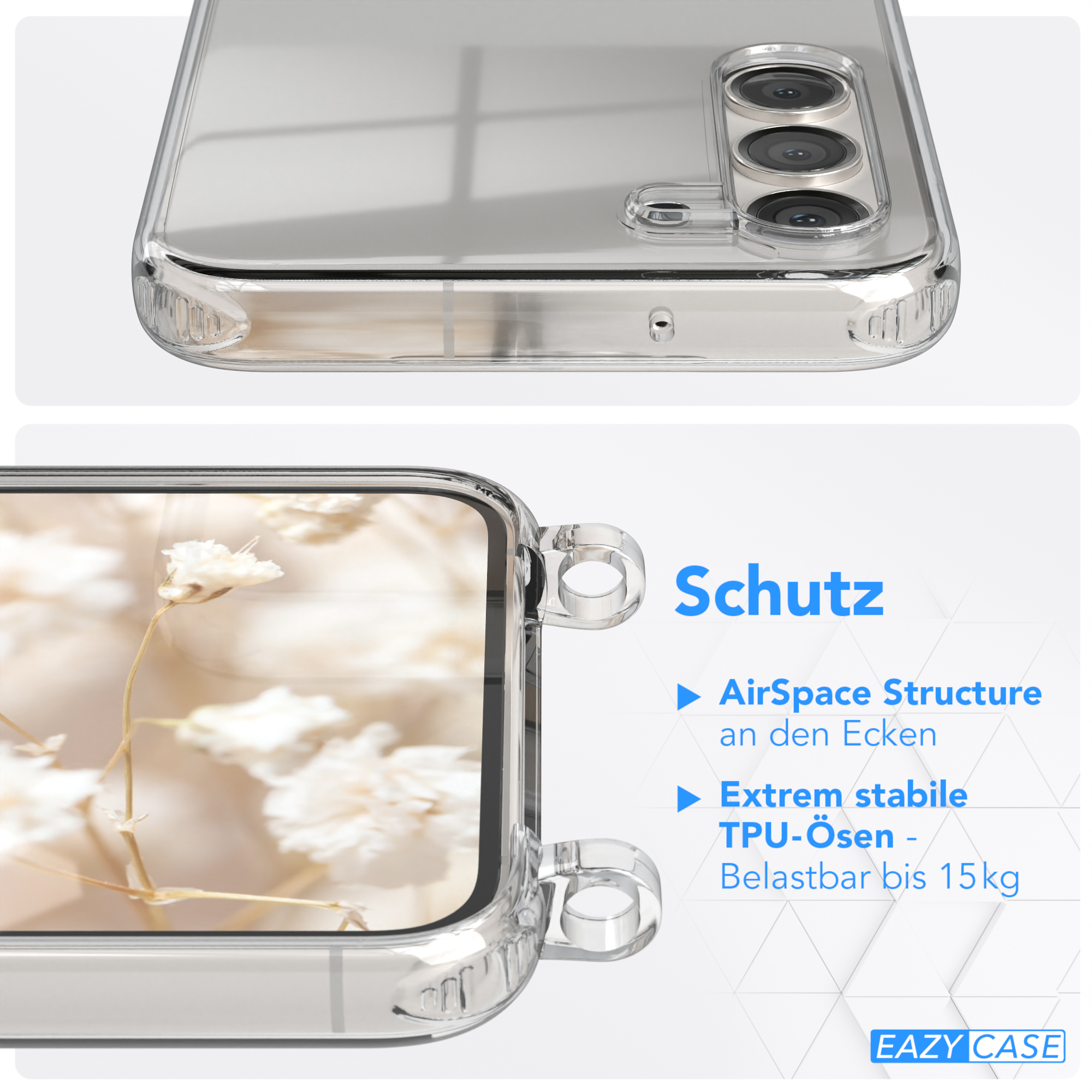 Transparente Handyhülle mit TPU-Struktur und Eckenschutz. Weiße Blumen im Hintergrund.
