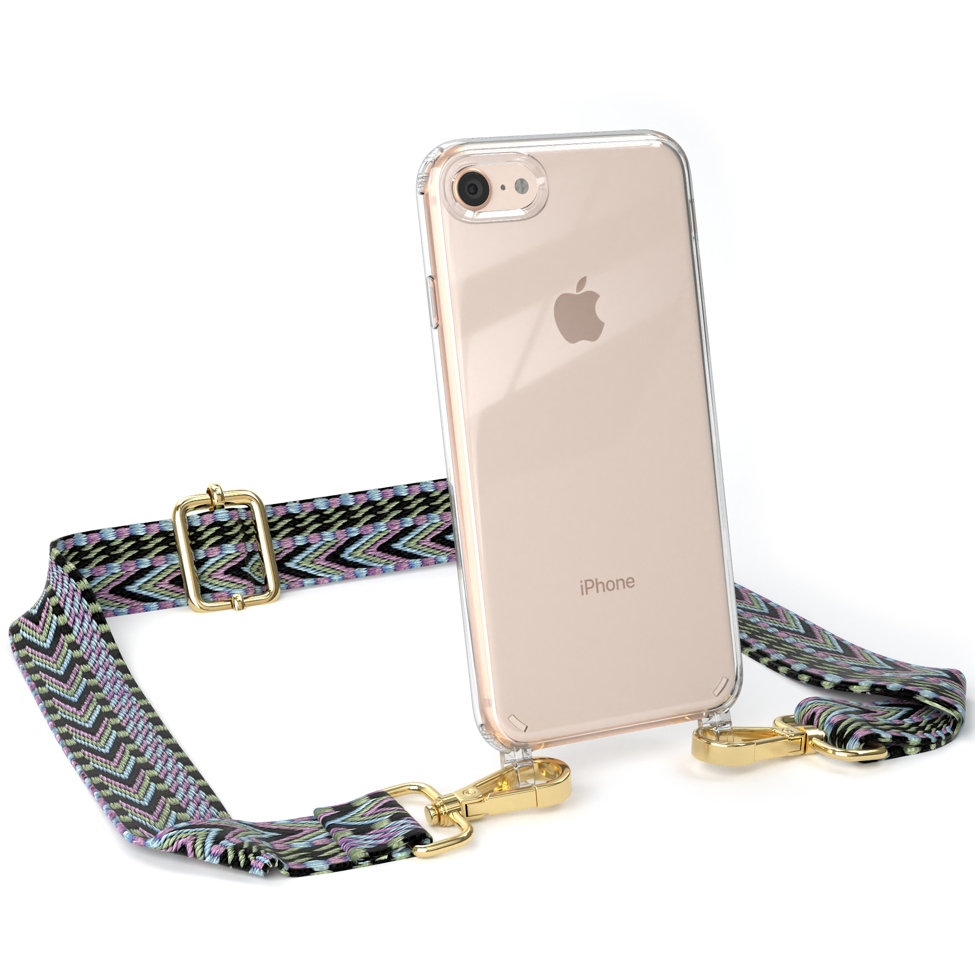 Transparente Handyhülle mit buntem Gurt. Ein Apple iPhone befindet sich darin. Weißer Hintergrund.