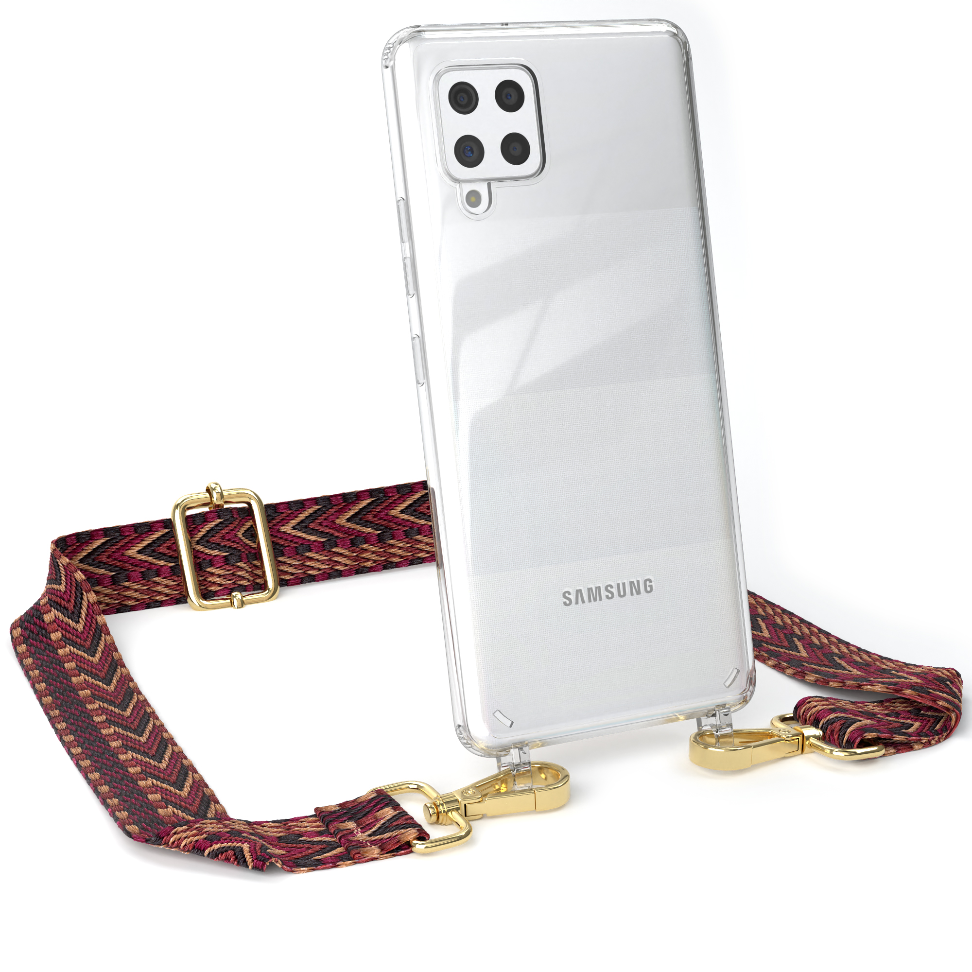 EAZY CASE Transparente Handyhülle Braun Kordel Boho Style, mit Umhängetasche, Samsung, Galaxy A42 Rot / 5G