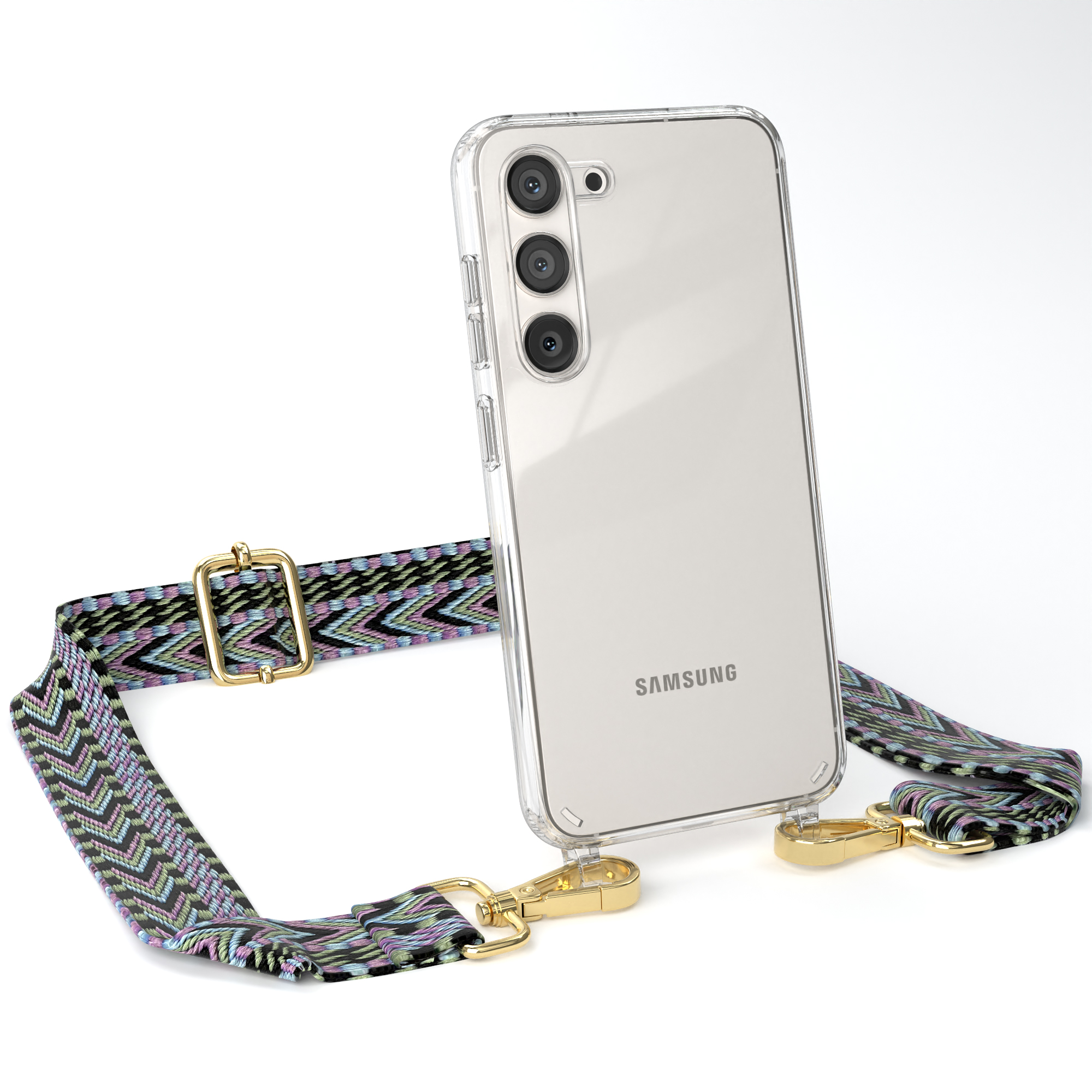 Transparente Samsung-Handyhülle mit Band, goldener Hardware, Muster auf Weiß.