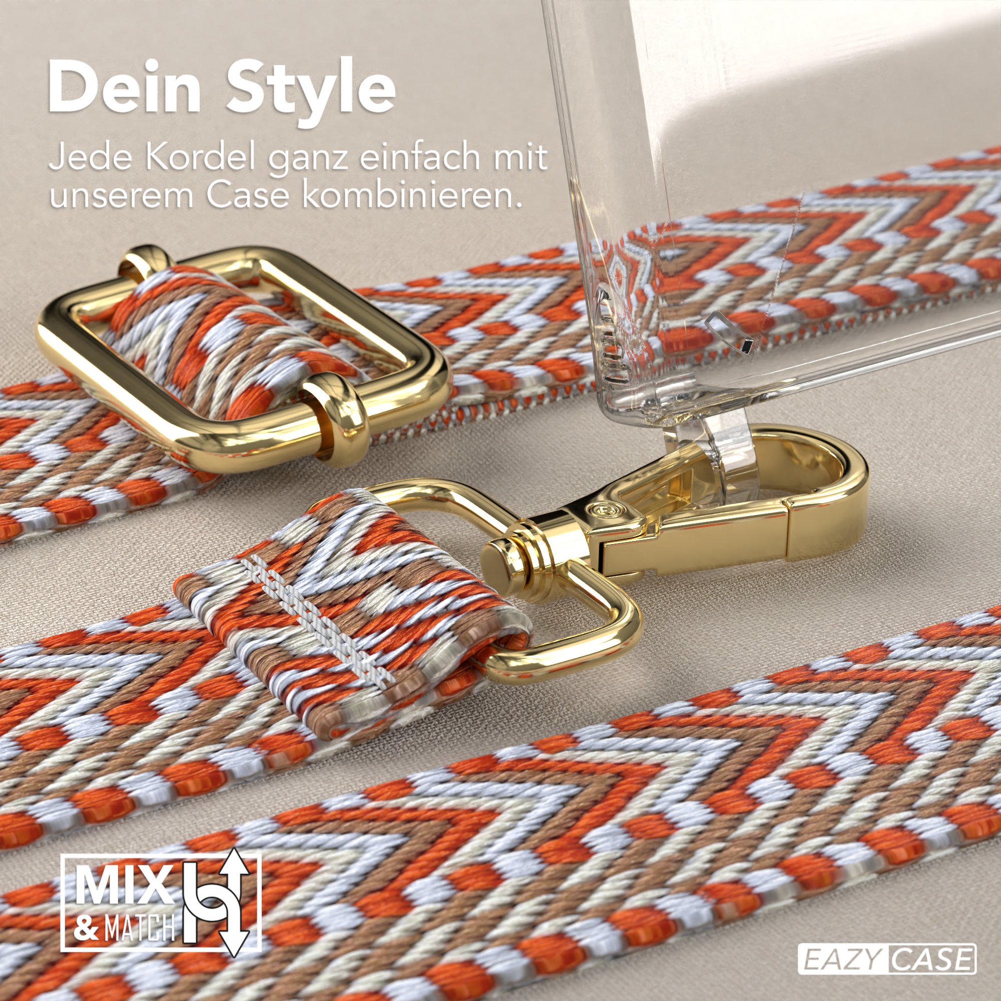 Nahaufnahme des Handyhüllenriemens mit Text, goldener Hardware und gemustertem Riemendesign.