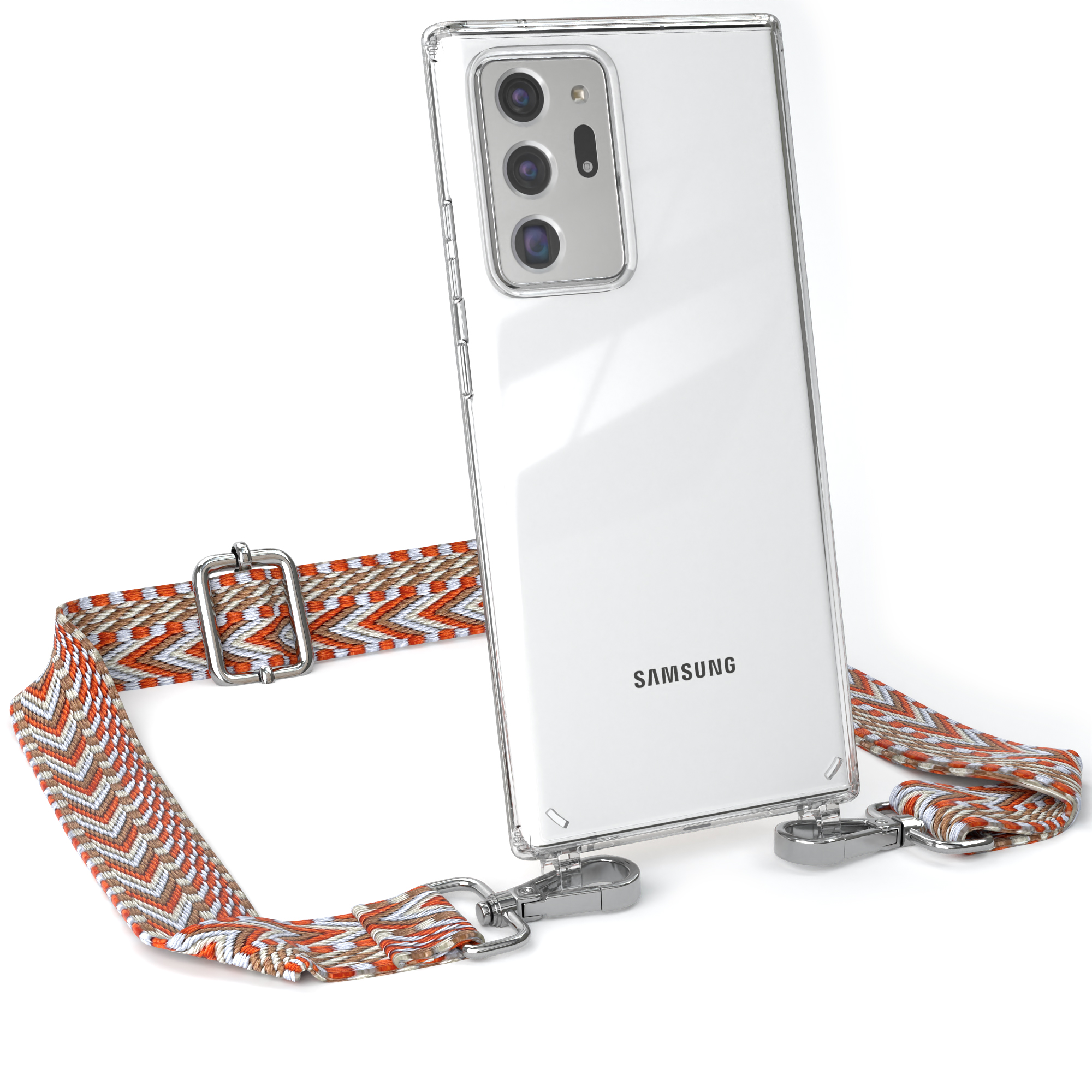 Transparente Handyhülle mit orange-weißem Band. Samsung-Logo sichtbar.