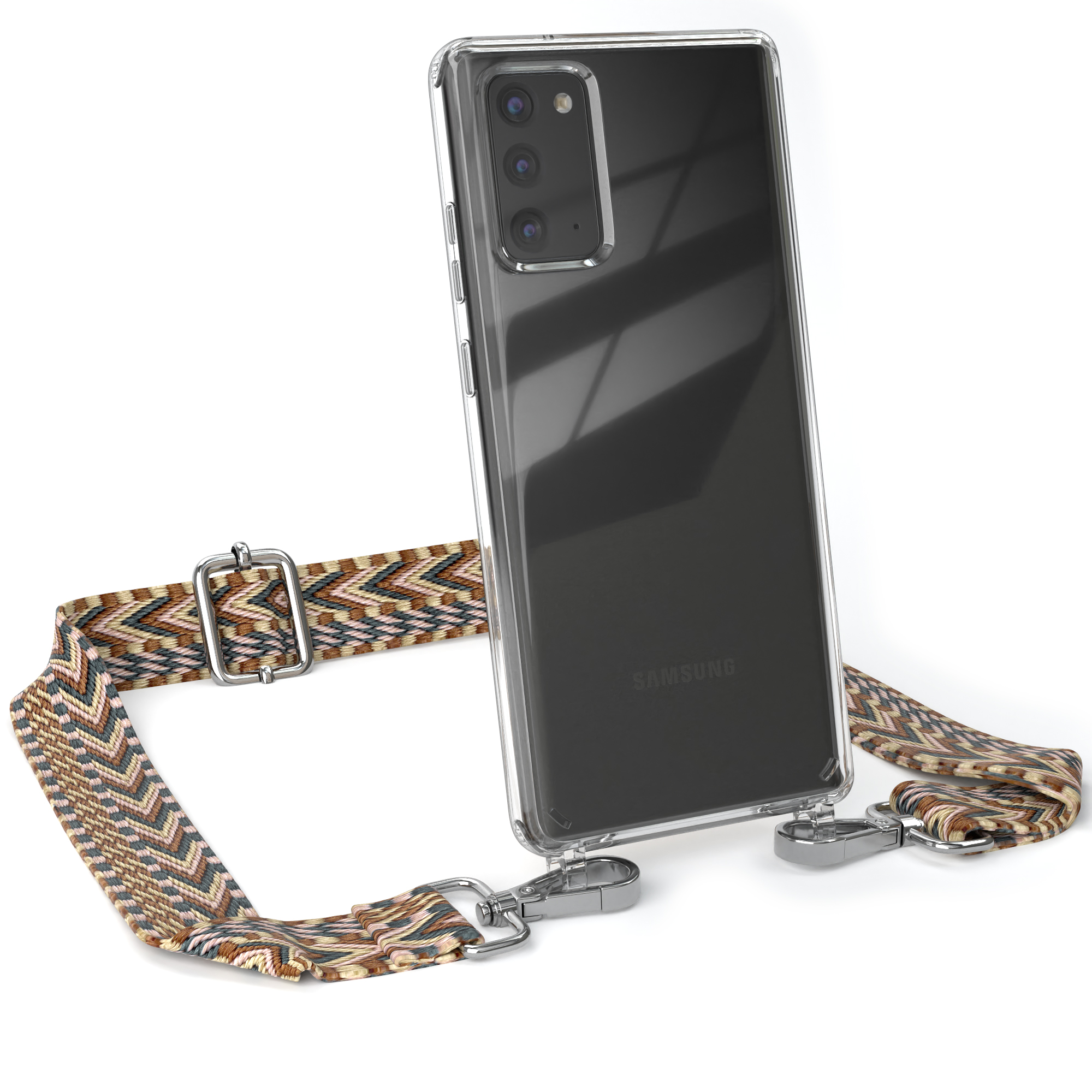 Samsung-Telefon in klarer Hülle mit Gurt mit braunem, grauem und schwarzem Muster.
