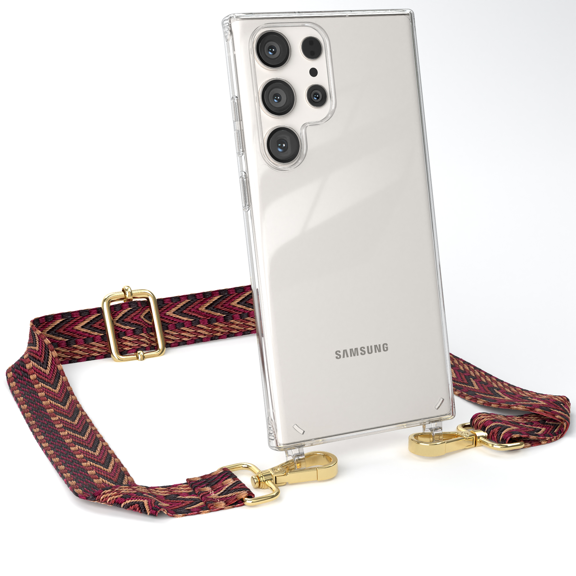 Transparente Samsung-Handyhülle mit Lanyard. Riemen mit mehrfarbigem Zickzackmuster.