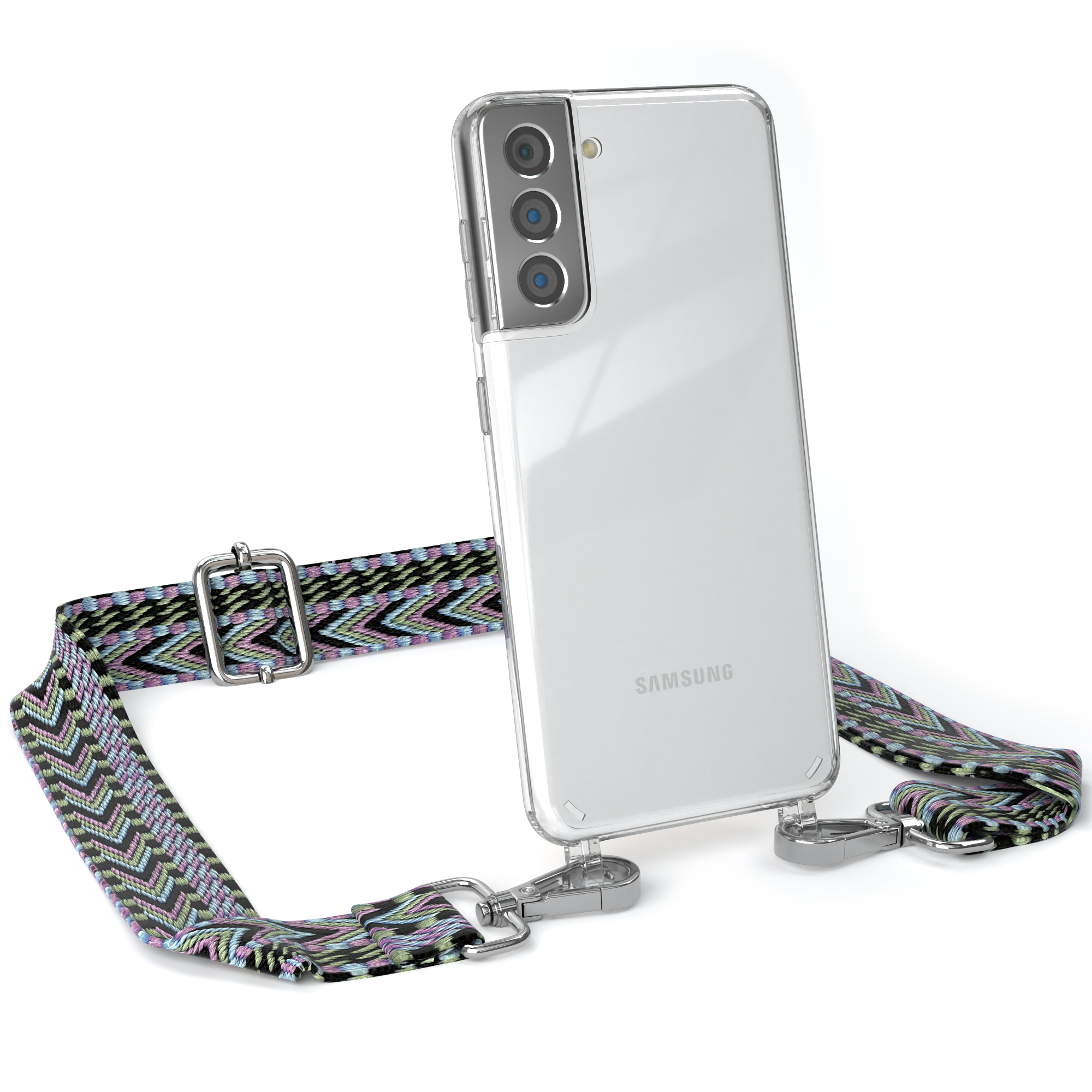 Transparente Handyhülle mit Kameralinsen und einem gemusterten Riemen mit silberner Hardware.