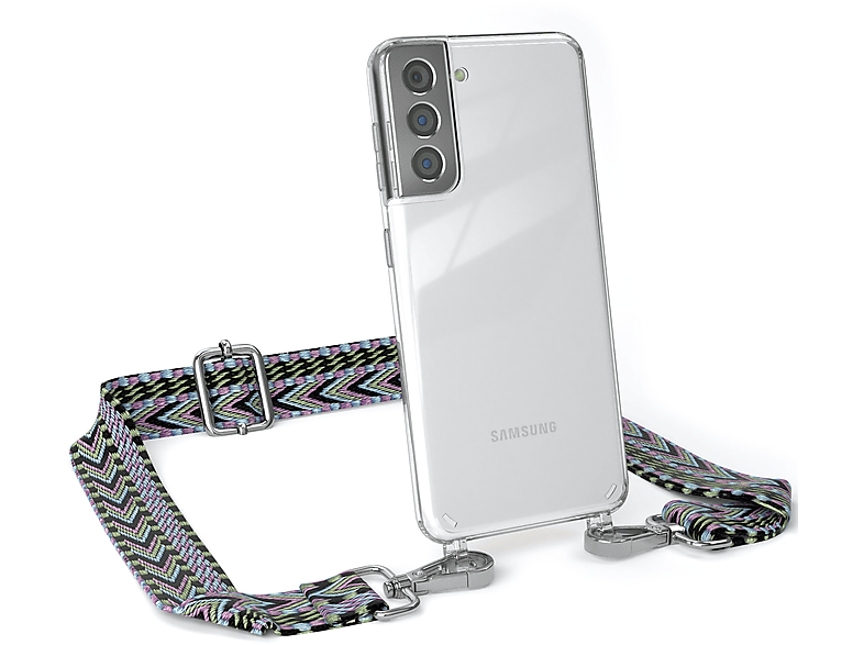 EAZY CASE Transparente Handyhülle mit Kordel Boho Style, Umhängetasche, Samsung, Galaxy S21 5G, Violett / Grün