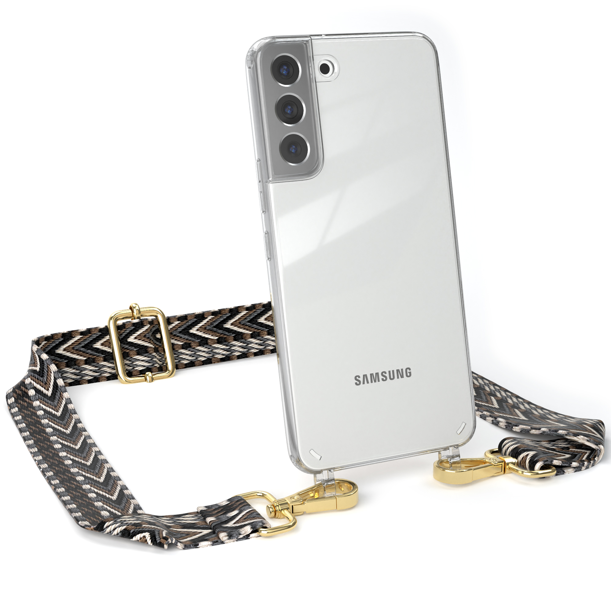 Transparente Hülle mit Samsung-Telefon, gemusterter Riemen.