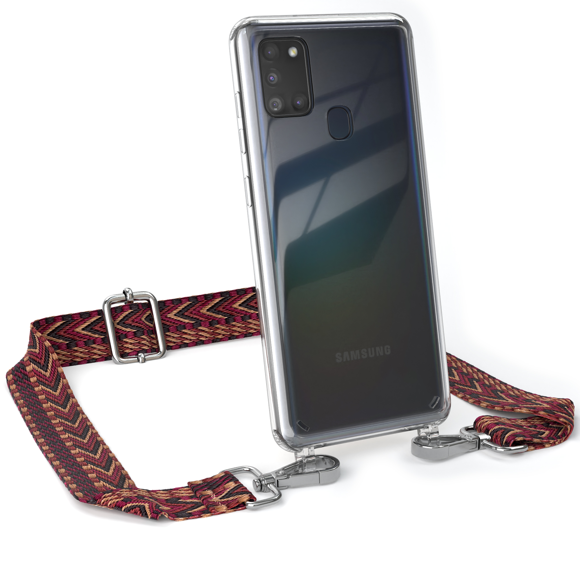 EAZY CASE mit Samsung, Transparente A21s, Kordel Boho Umhängetasche, Braun Galaxy Handyhülle / Style, Rot