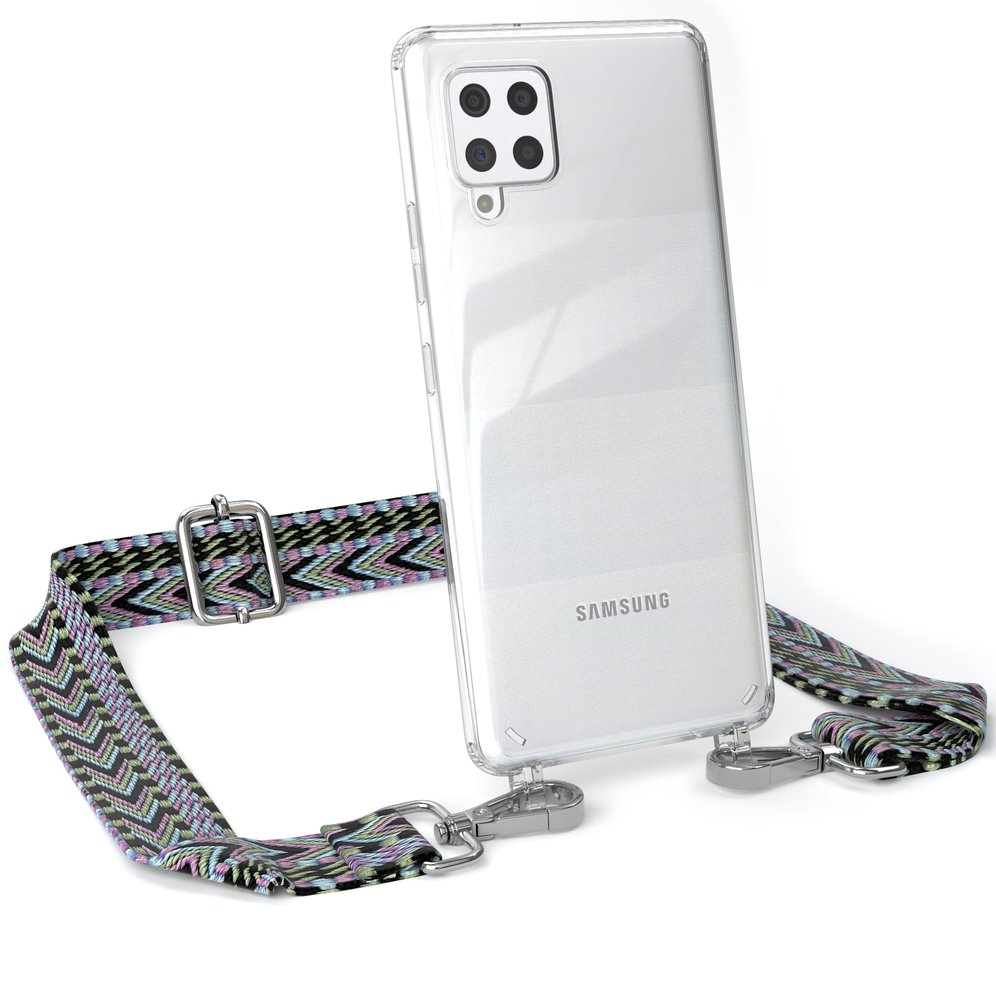Transparente Handyhülle mit Riemen, auf weißem Hintergrund. Samsung-Telefon, Kamera, gemusterter Riemen.